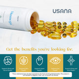 USANA BiOmega botella abierta con cápsulas, facilidad de dosificación visible