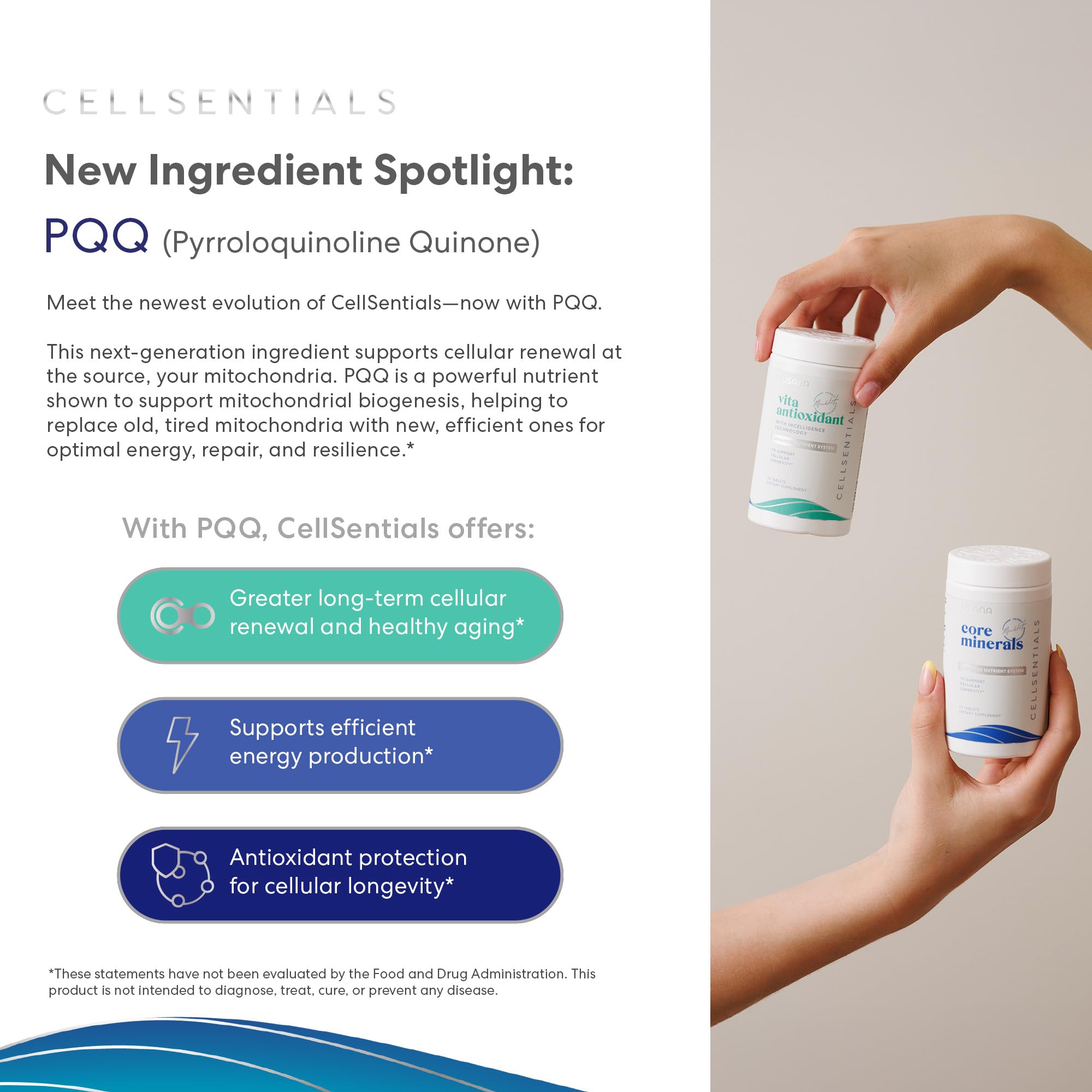 USANA producto integrado en una rutina con botellas y alimentos saludables