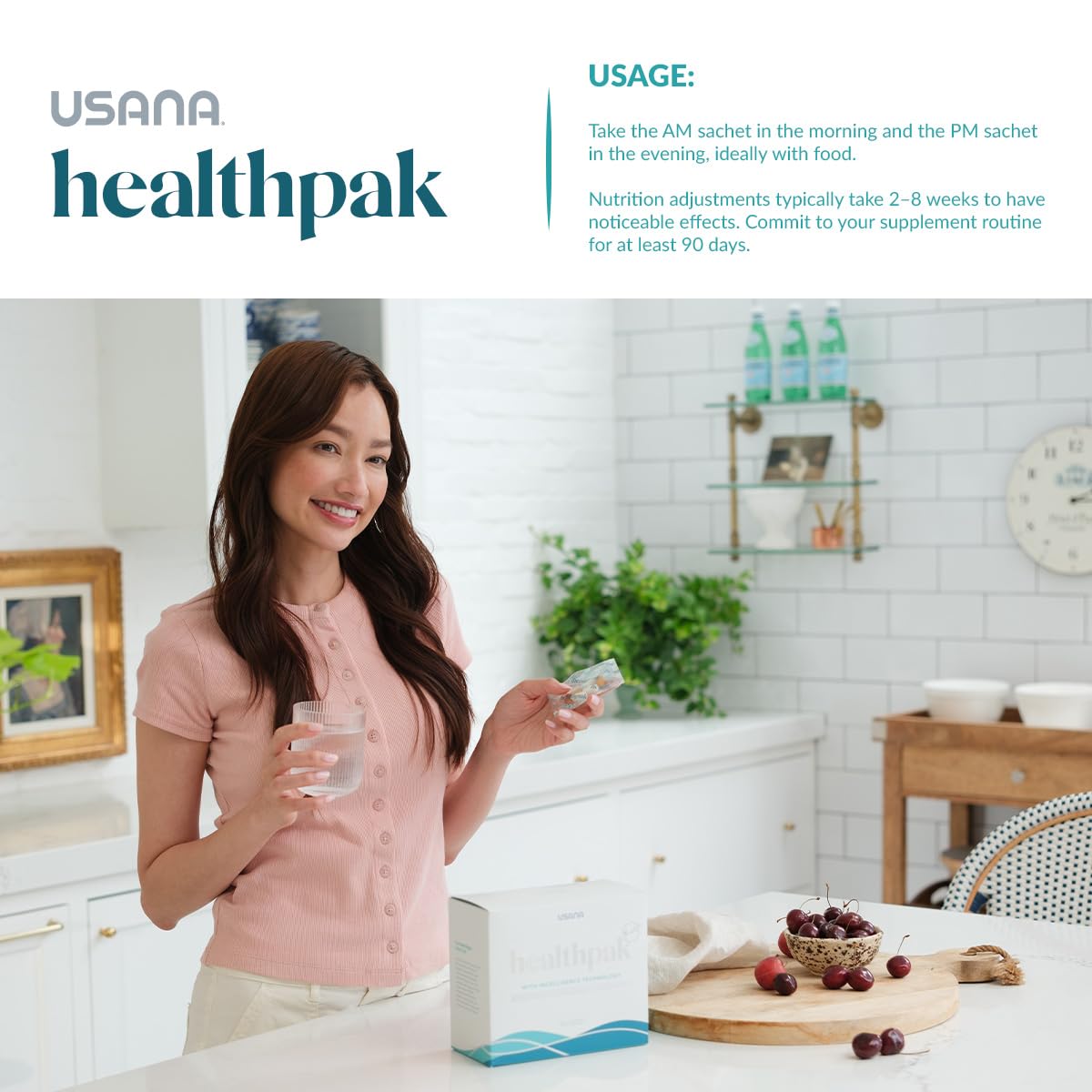 USANA HealthPak sobre una mesa con alimentos para contexto lifestyle