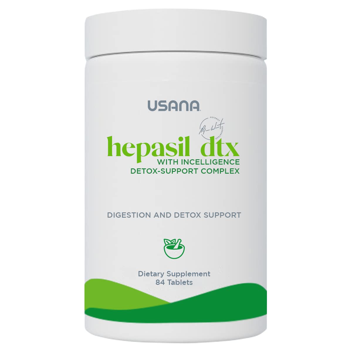 USANA frasco Hepasil DTX frente mostrando diseño y cantidad útil