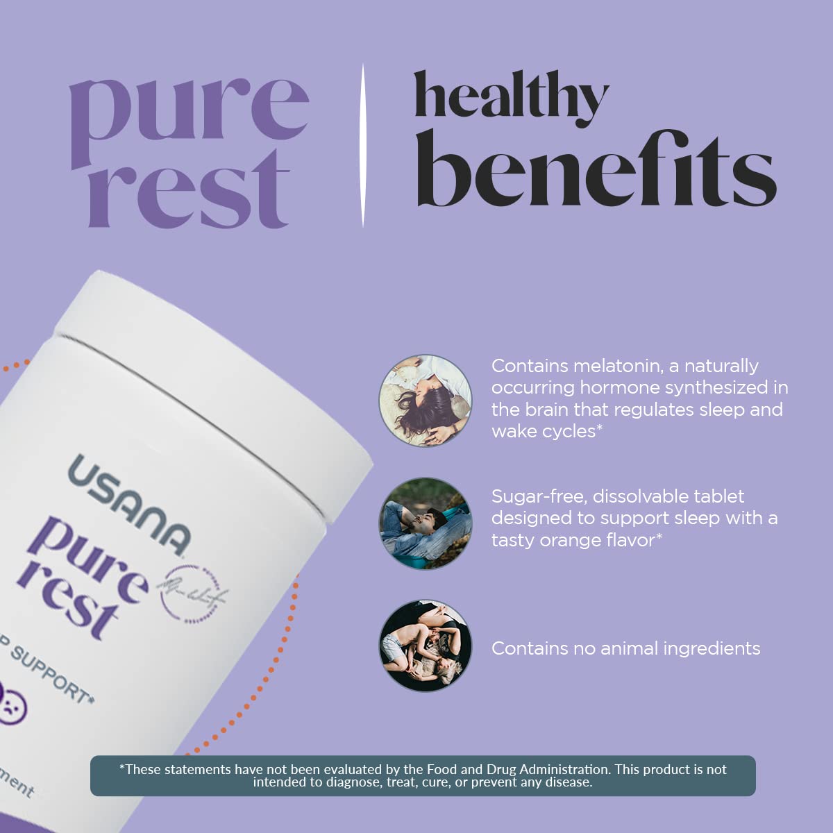 USANA persona usando Pure Rest antes de acostarse, apoya rutina nocturna