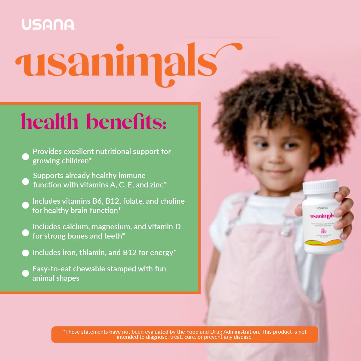 USANA botella abierta con tabletas dentro, presentación clara y conveniente para familias