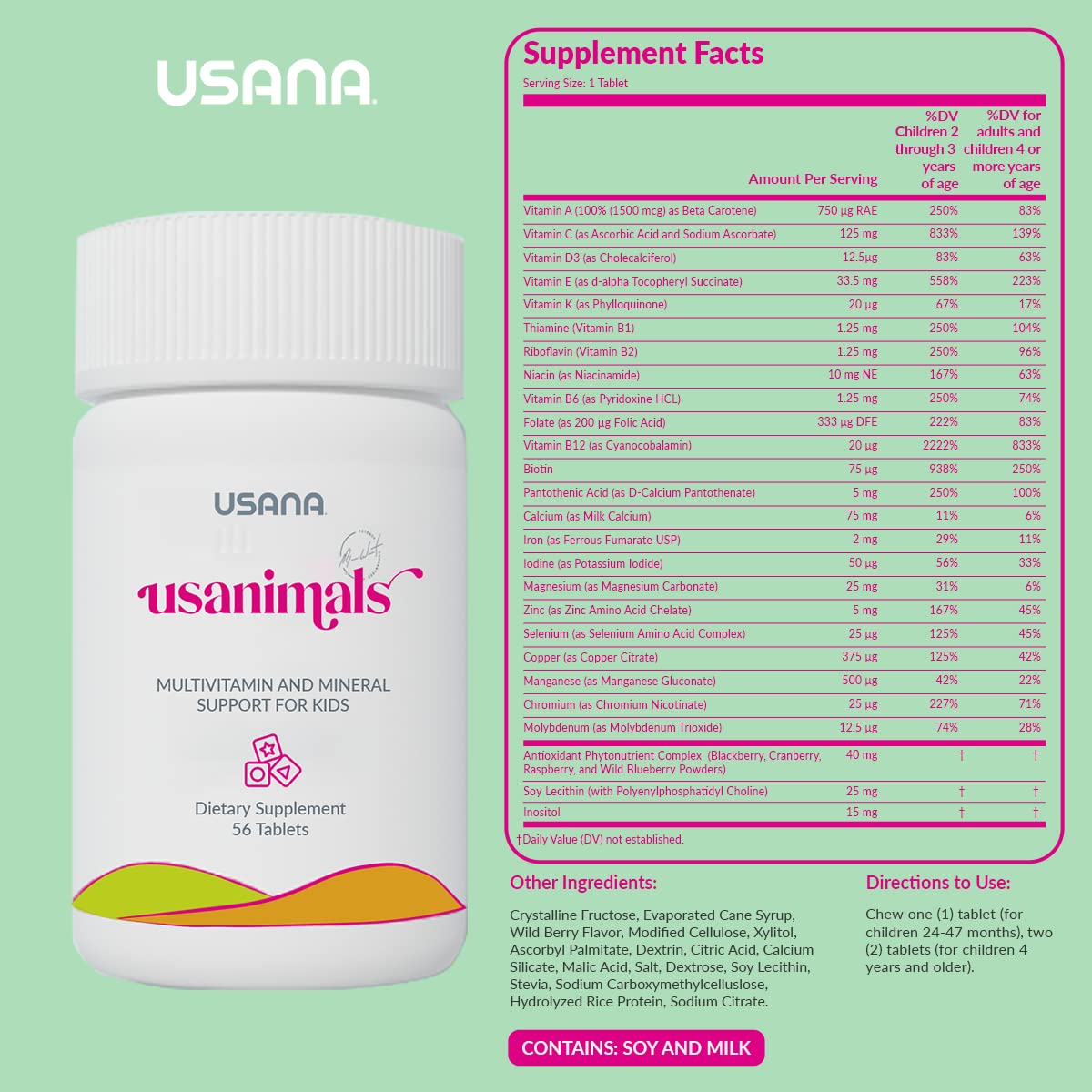 USANA tabletas masticables en forma de animales, atractivas para mejorar la aceptación infantil