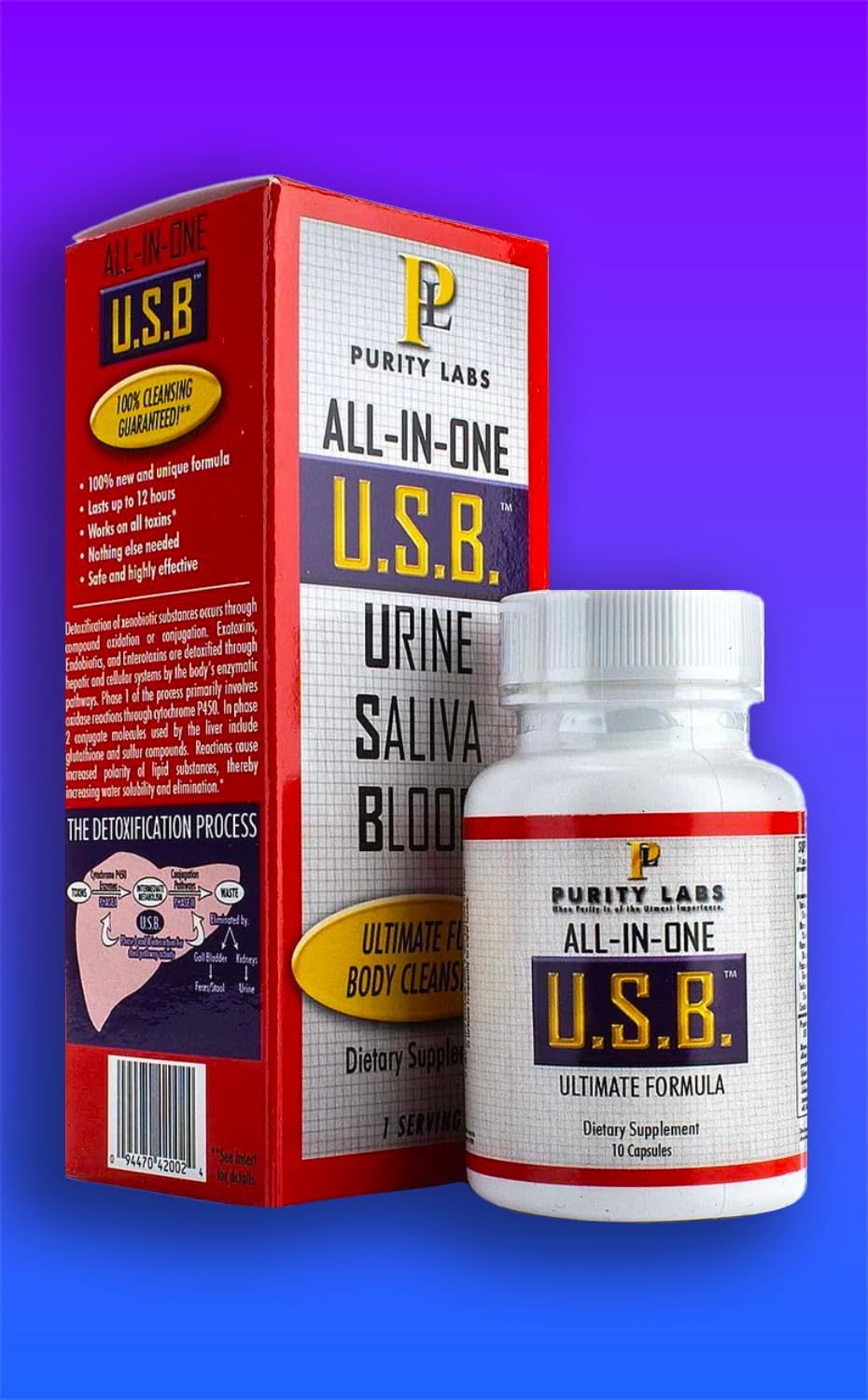 U.S.B. Purity Labs frasco frontal mostrando 10 cápsulas y comodidad de uso