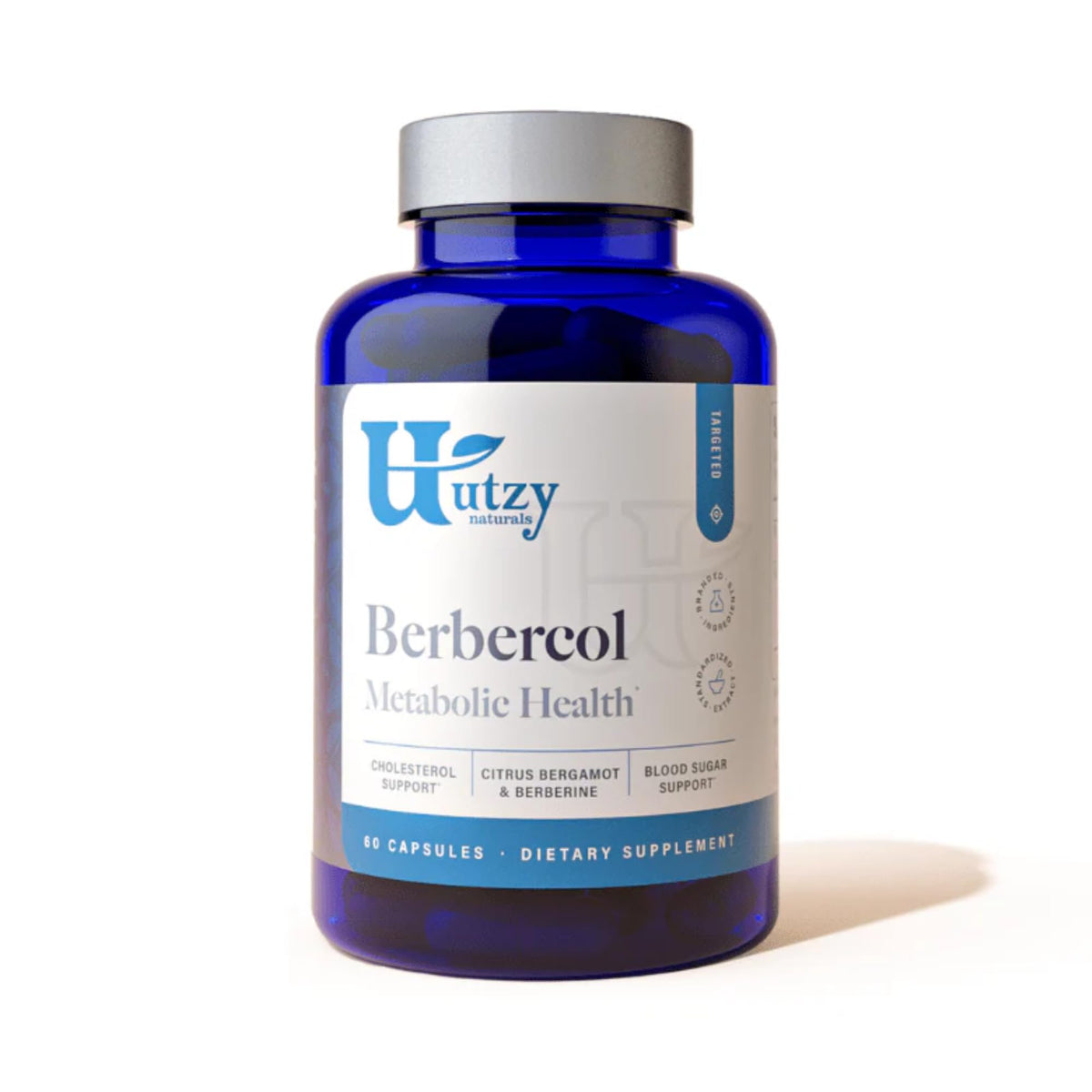 Utzy Naturals frasco frontal mostrando Berbercol y beneficio apoyo cardiovascular