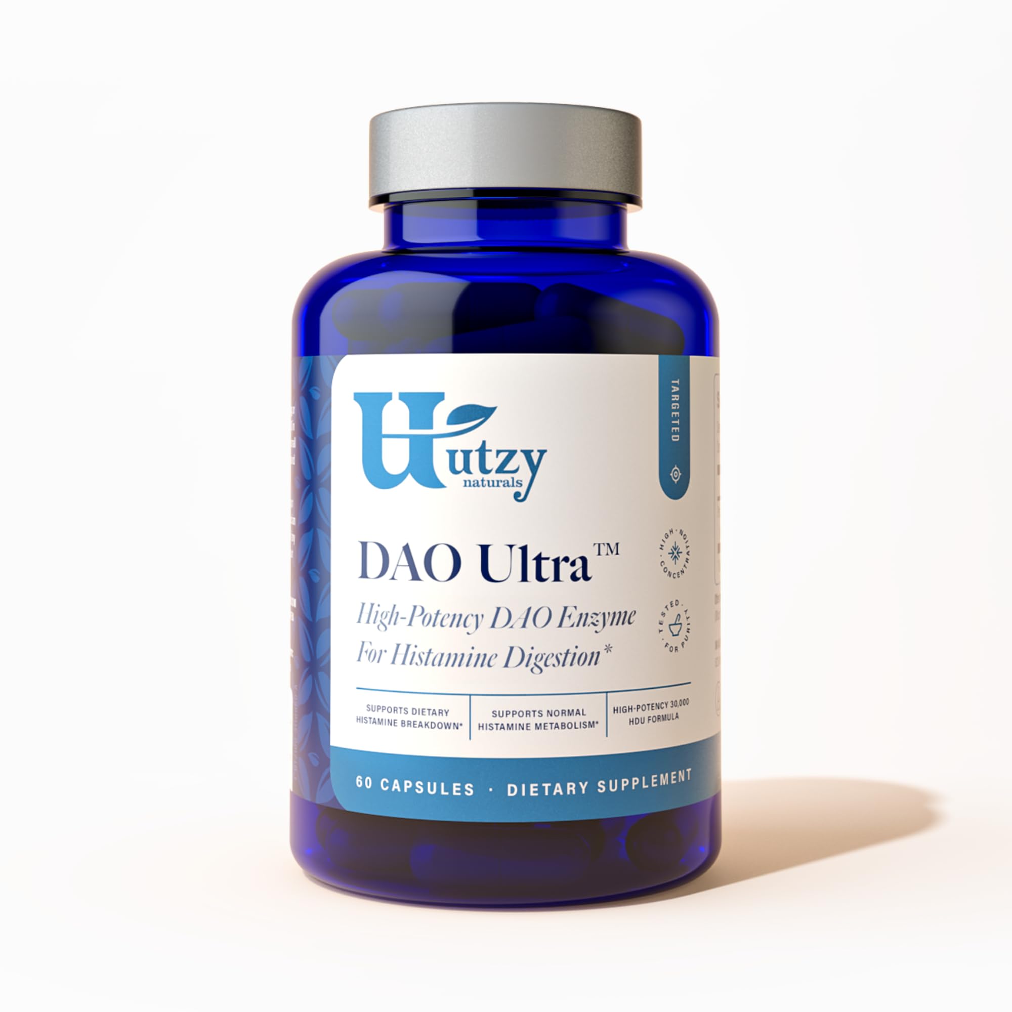 Utzy Naturals botella frontal mostrando etiqueta y beneficio de soporte DAO