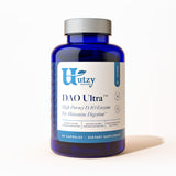 Utzy Naturals botella frontal mostrando etiqueta y beneficio de soporte DAO