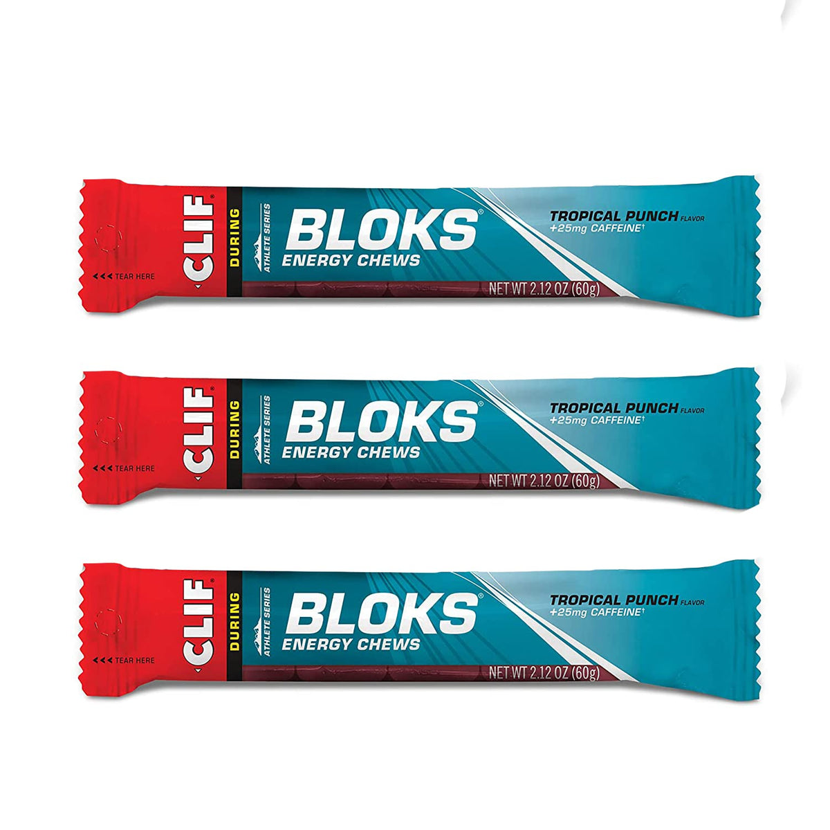 UUX CLIF BLOKS empaque frontal mostrando sabor Tropical Punch y tamaño práctico
