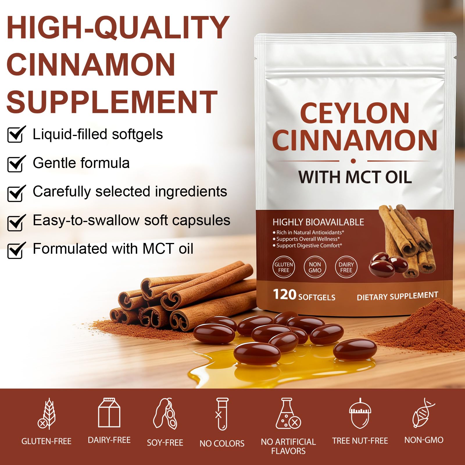 UXENPHXF ingredientes: aceite MCT y canela Ceylán resaltando absorción