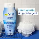 Vagisil textura del gel sin fragancia que sugiere suavidad y limpieza
