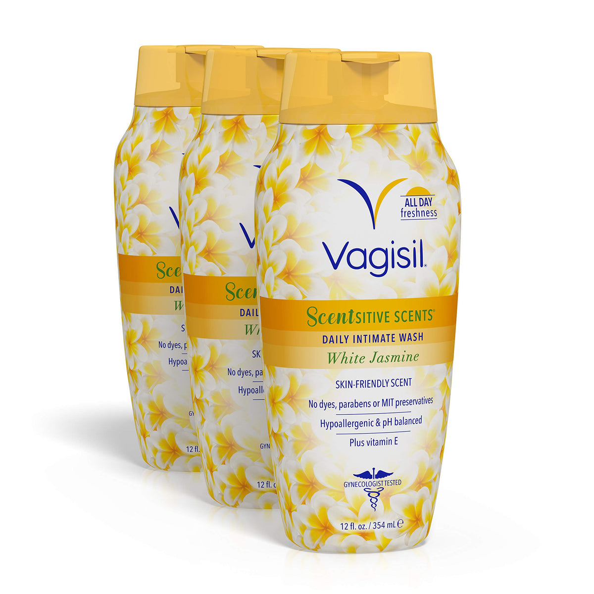 Vagisil envase frontal jazmín mostrando etiqueta clara y beneficio limpieza suave