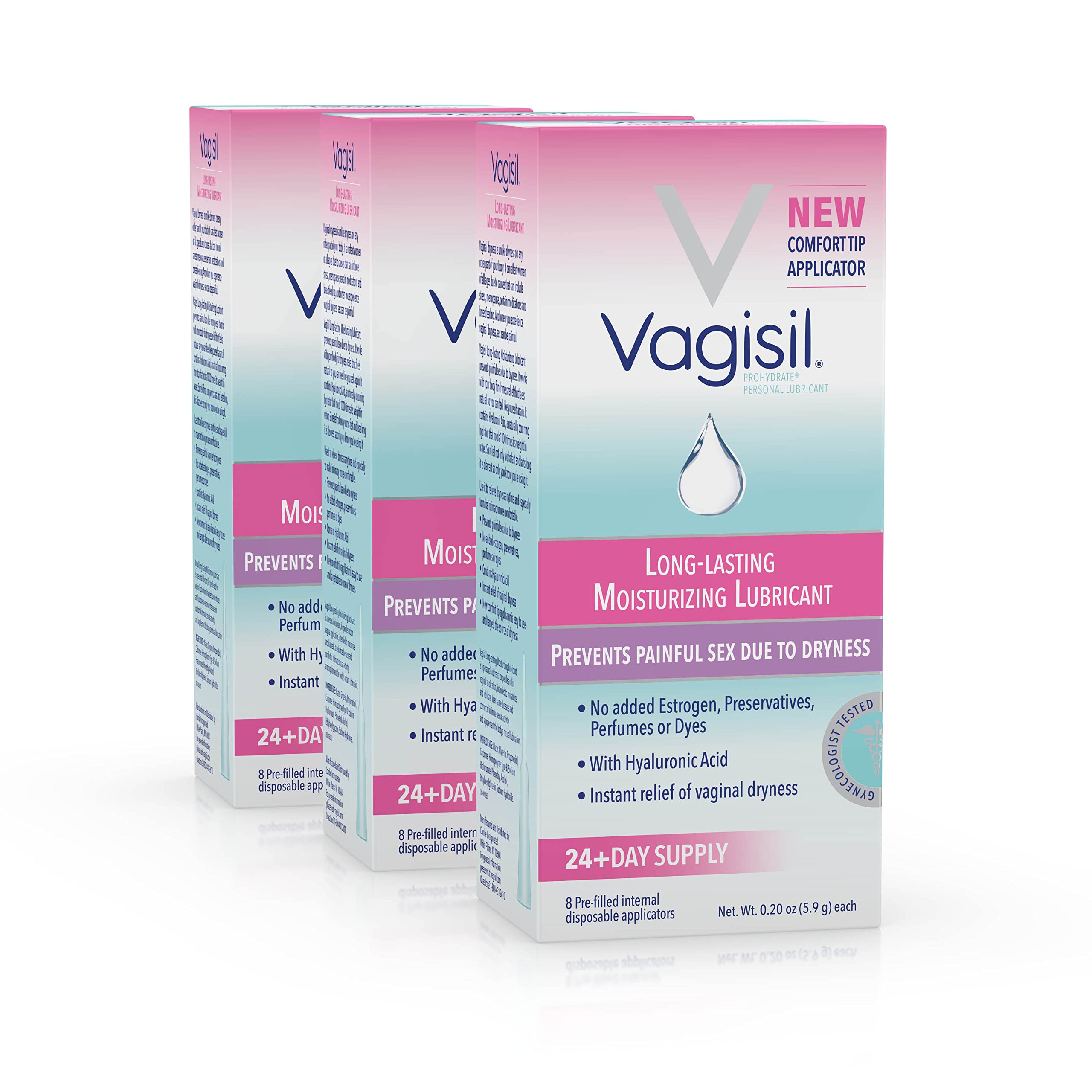 Vagisil Prohydrate vista frontal del envase mostrando aplicadores y beneficio hidratación