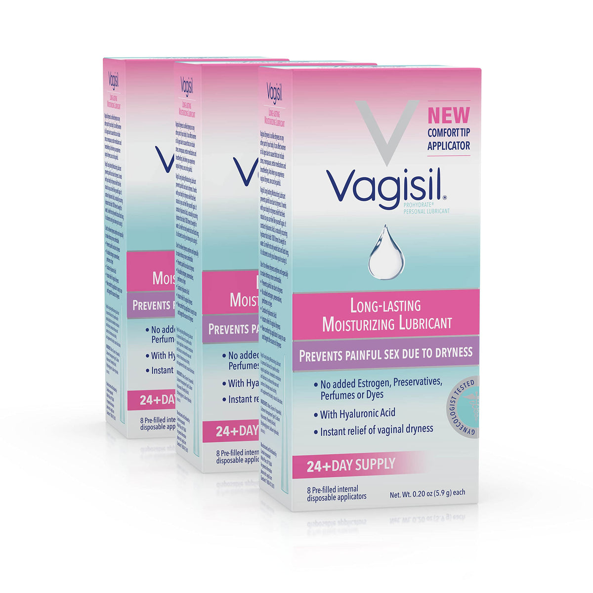 Vagisil Prohydrate vista frontal del envase mostrando aplicadores y beneficio hidratación