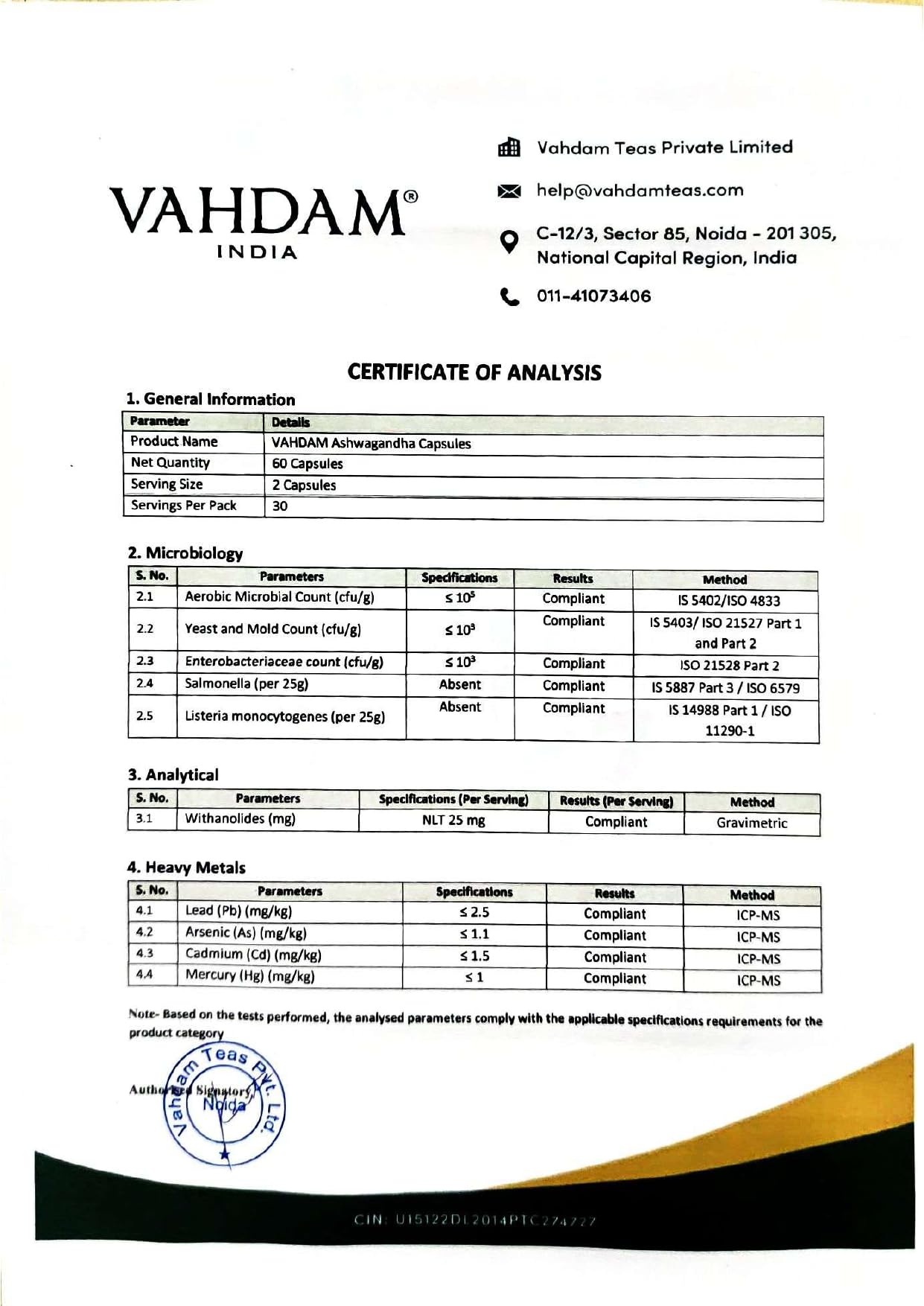 VAHDAM etiqueta con certificaciones cGMP y pruebas de laboratorio