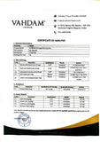 VAHDAM etiqueta con certificaciones cGMP y pruebas de laboratorio