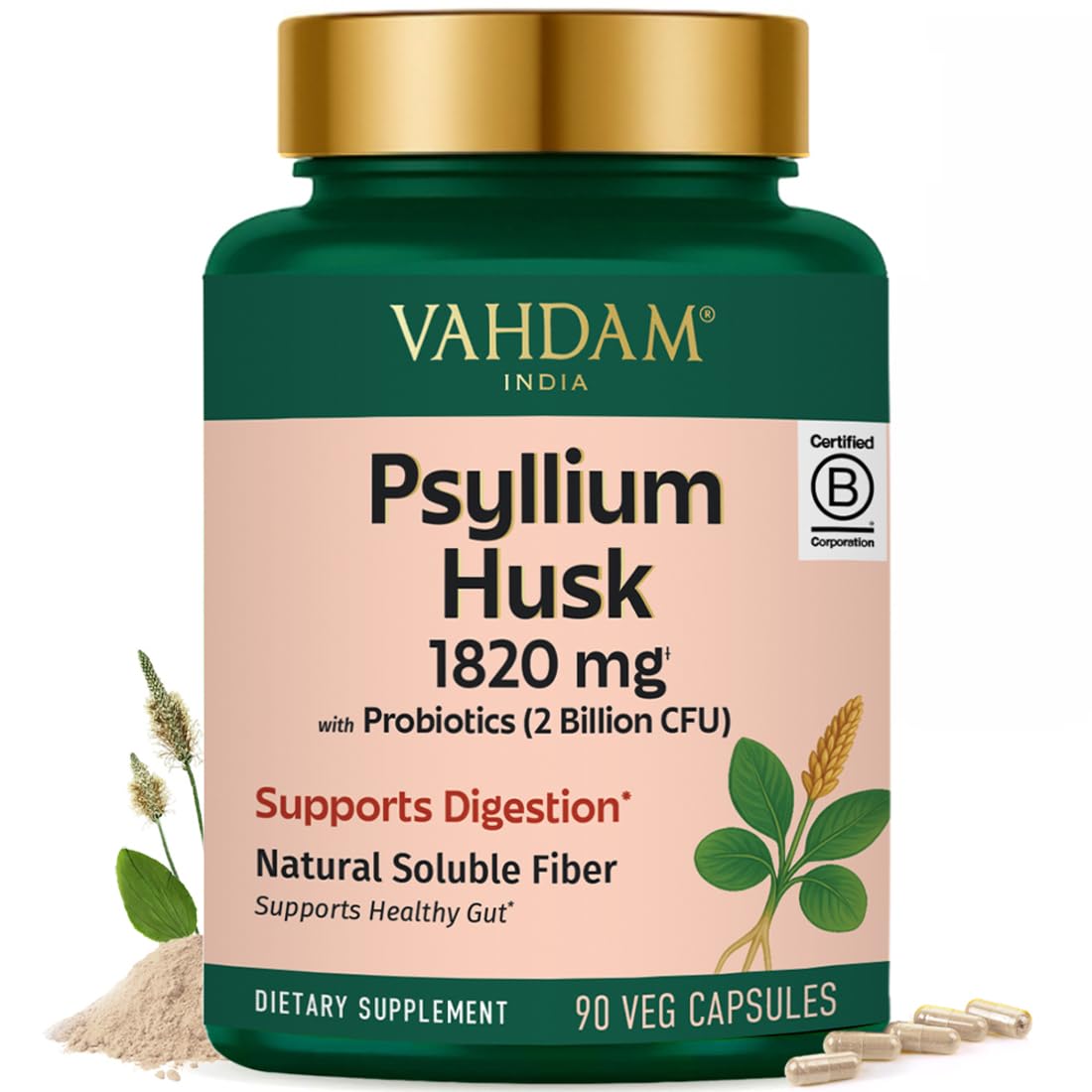 VAHDAM envase frontal de psyllium husk con beneficio de comodidad diaria