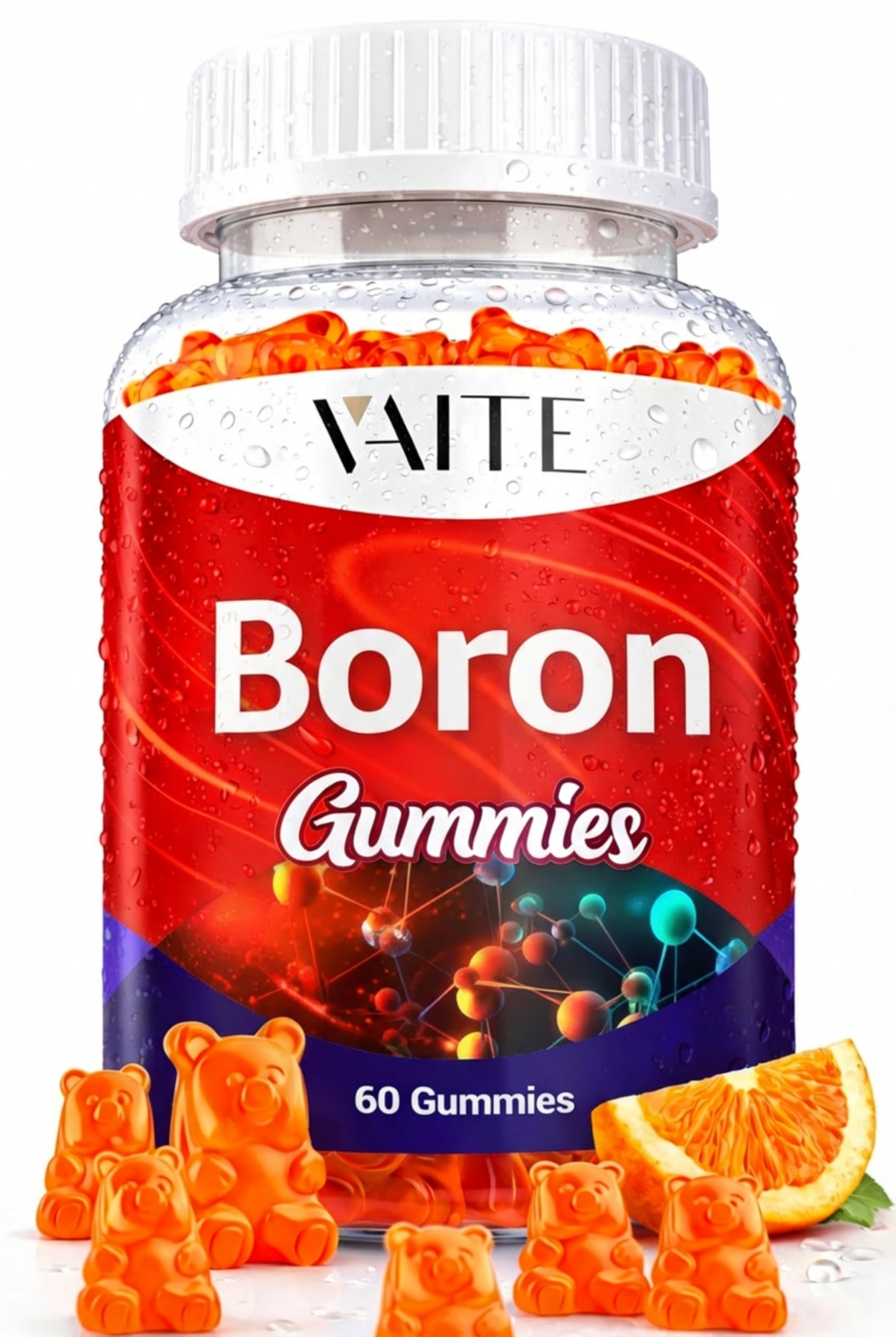 VAITE frasco frontal de gomitas boron mostrando etiqueta y beneficios