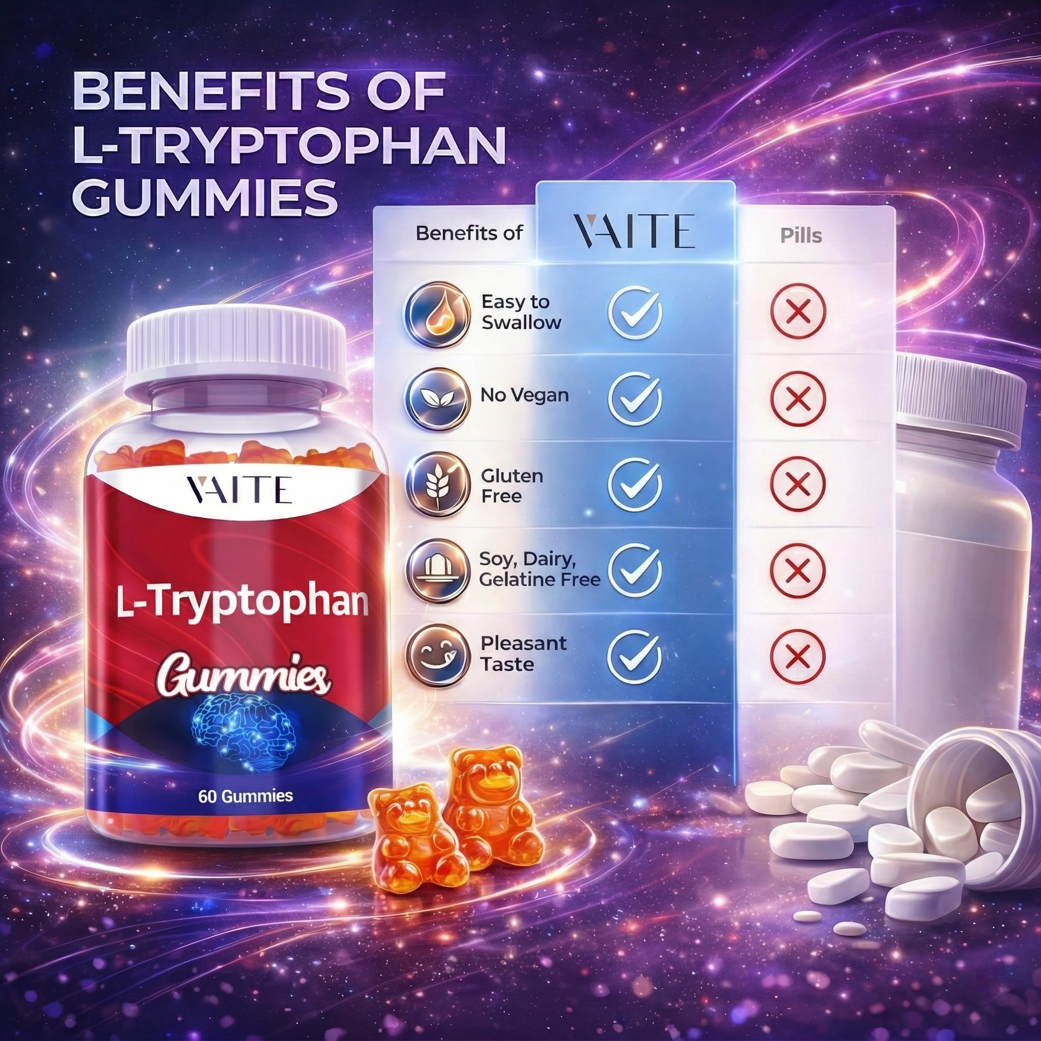 VAITE gomitas en mesita de noche indicando apoyo para transición al descanso