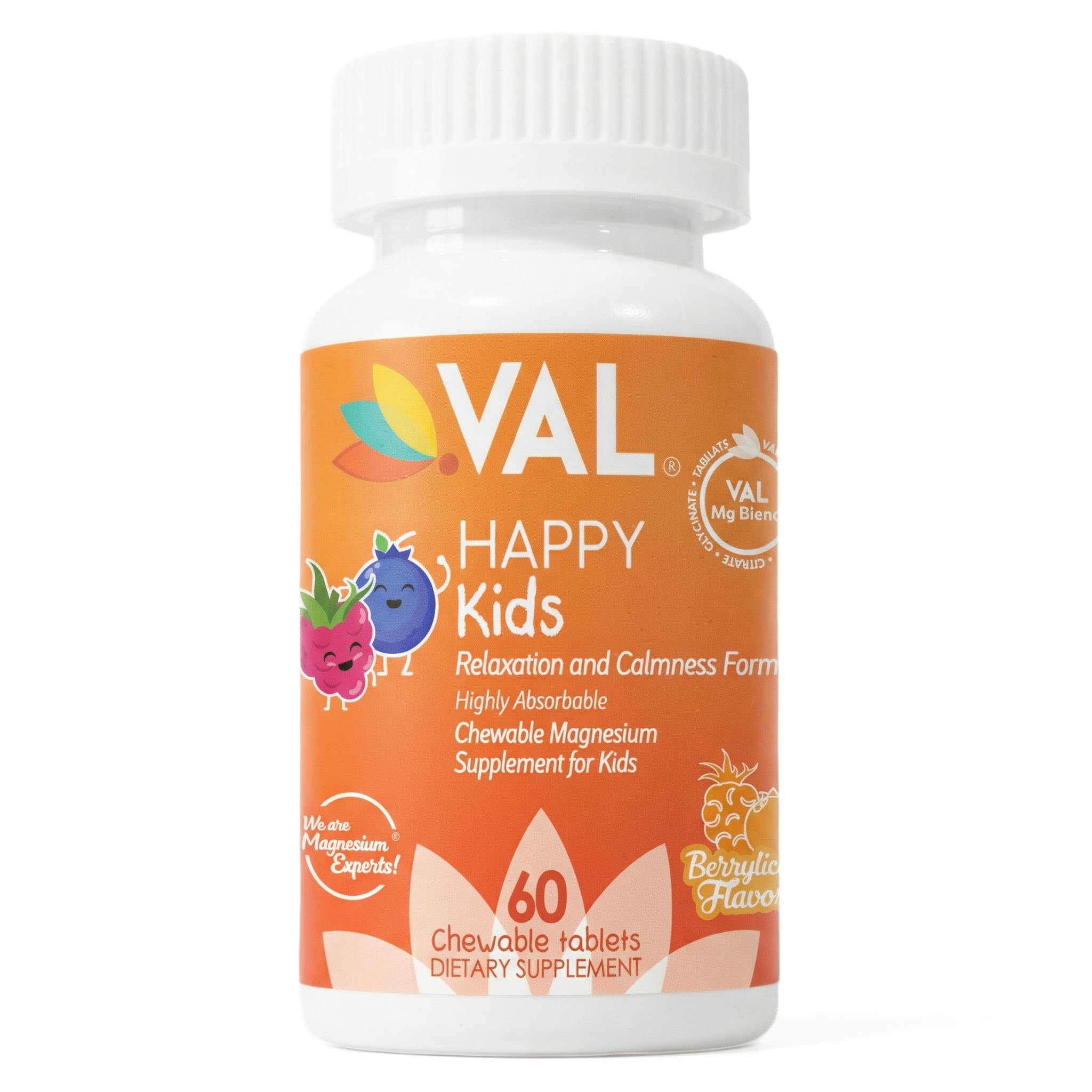 Envase frontal de VAL Magnesium for Kids mostrando presentación y beneficio masticable