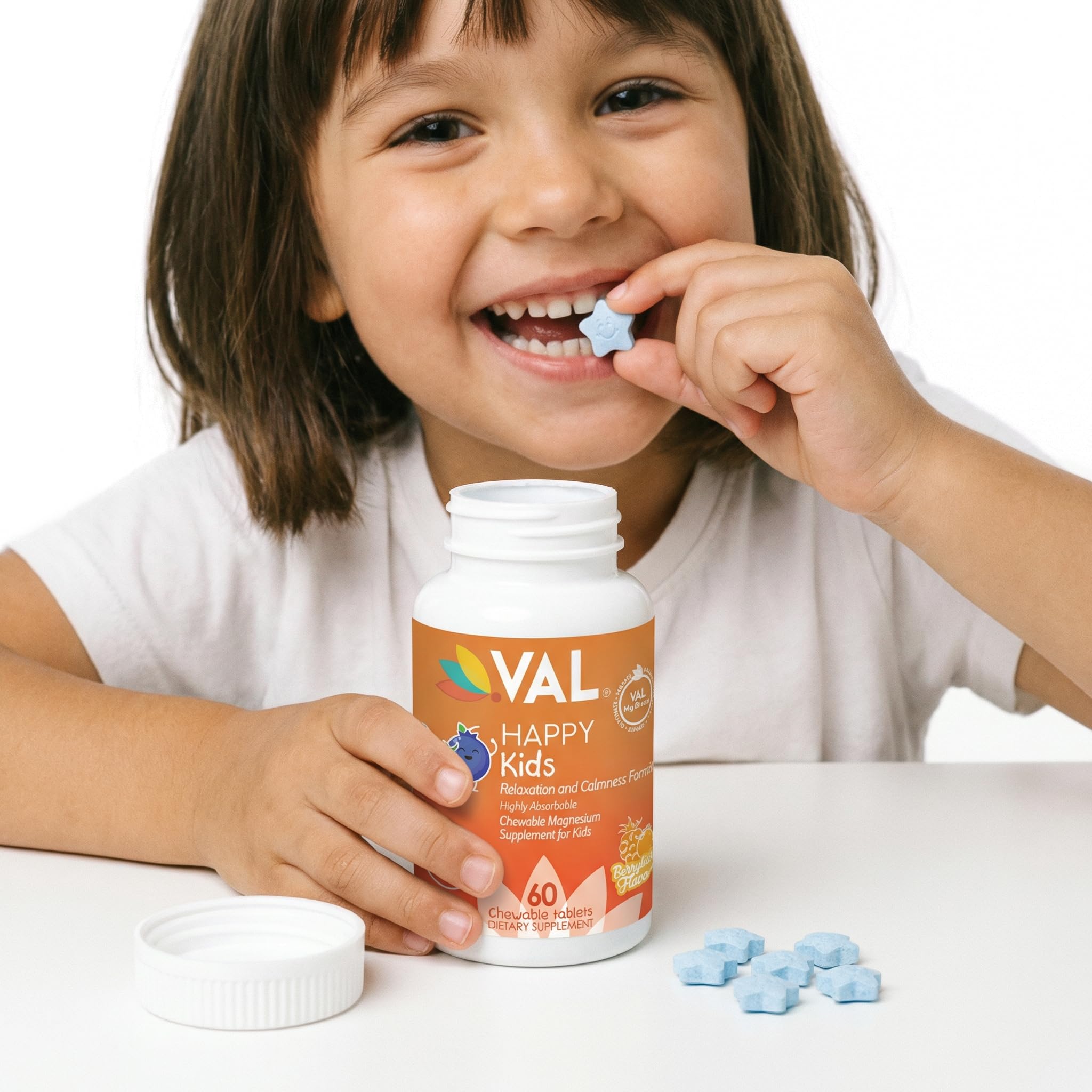 Tabletas masticables VAL cerca para apreciar forma y fácil administración