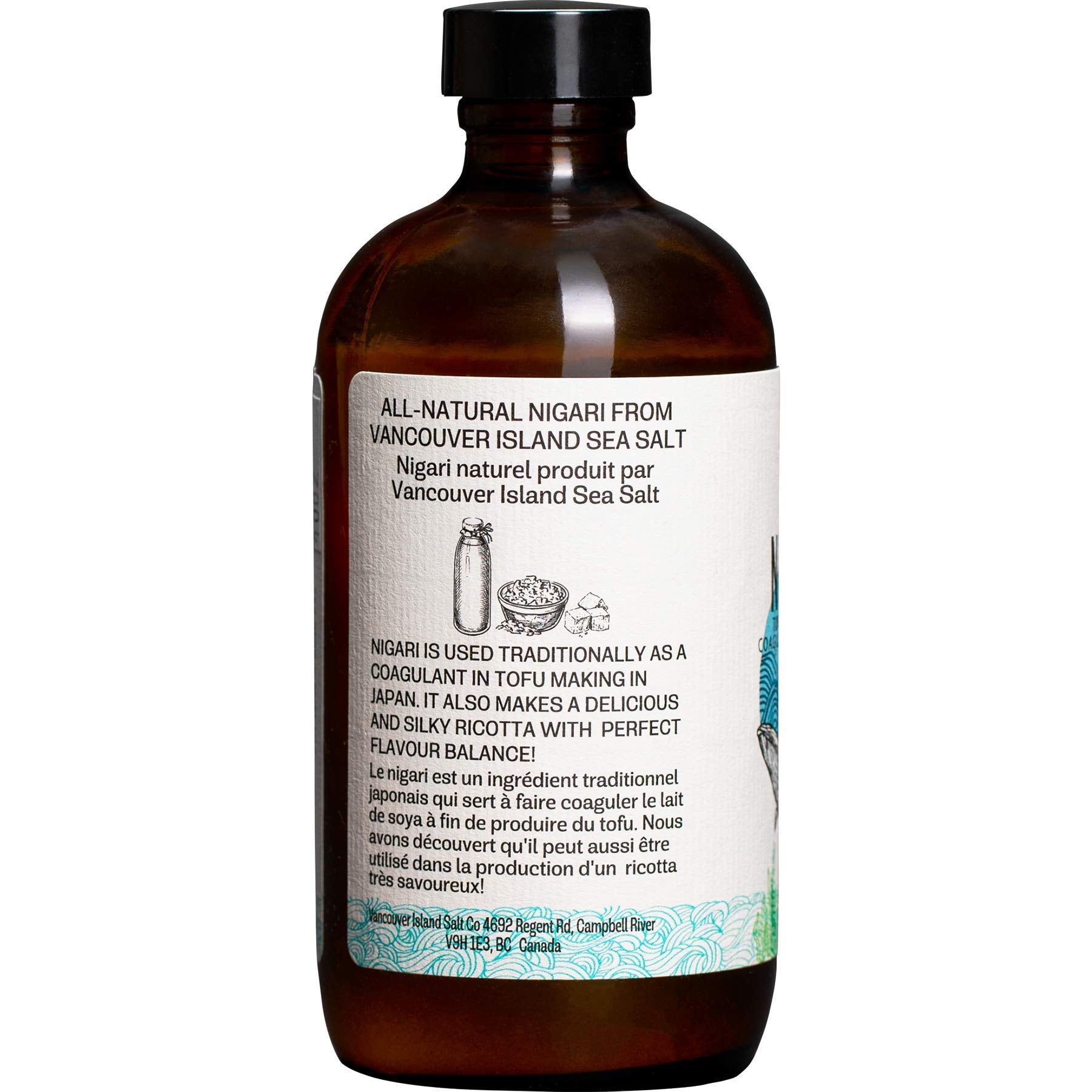 Vancouver Island Sea Salt nigari textura líquida en gota, permite dosificación precisa