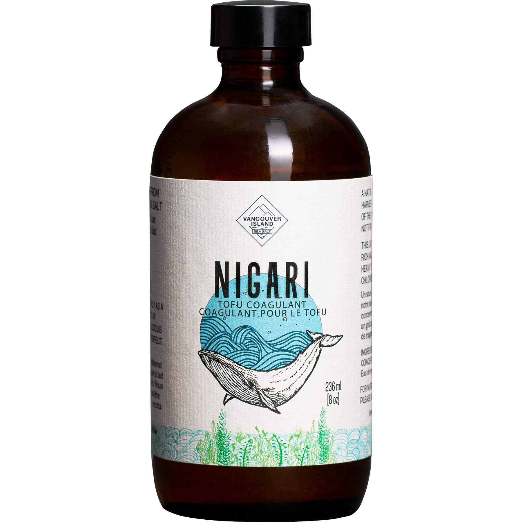 Vancouver Island Sea Salt nigari frente de empaque, presentación clara y concentrada