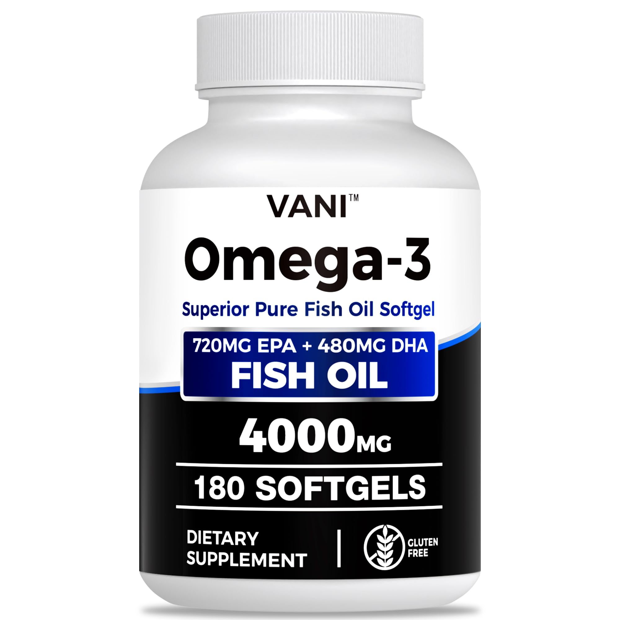VANI frasco frontal mostrando 180 cápsulas y alta concentración omega-3