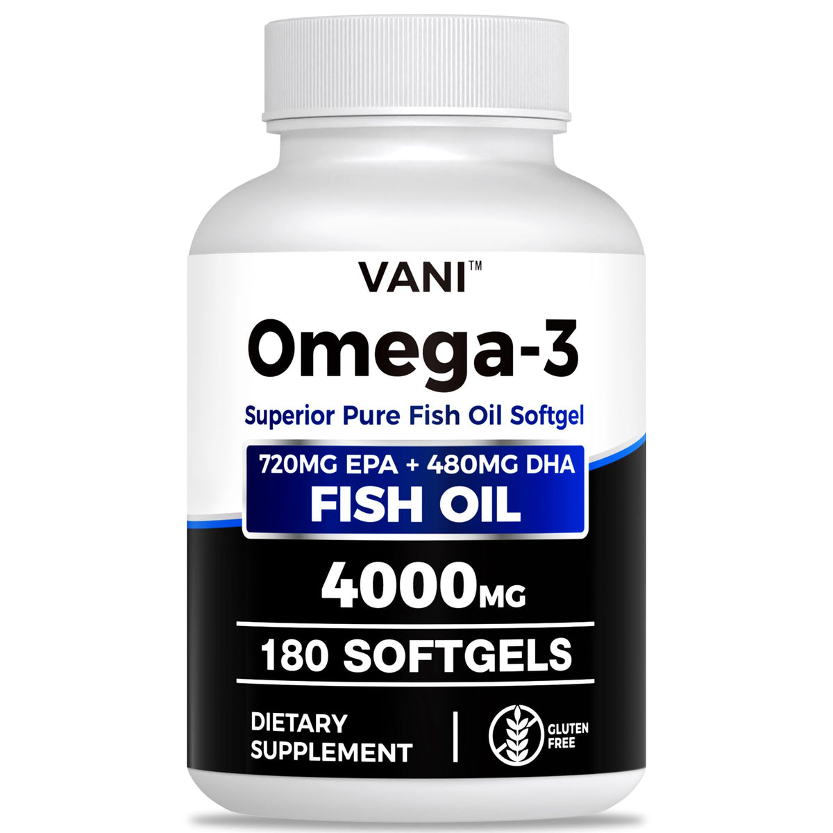 VANI frasco frontal mostrando 180 cápsulas y alta concentración omega-3