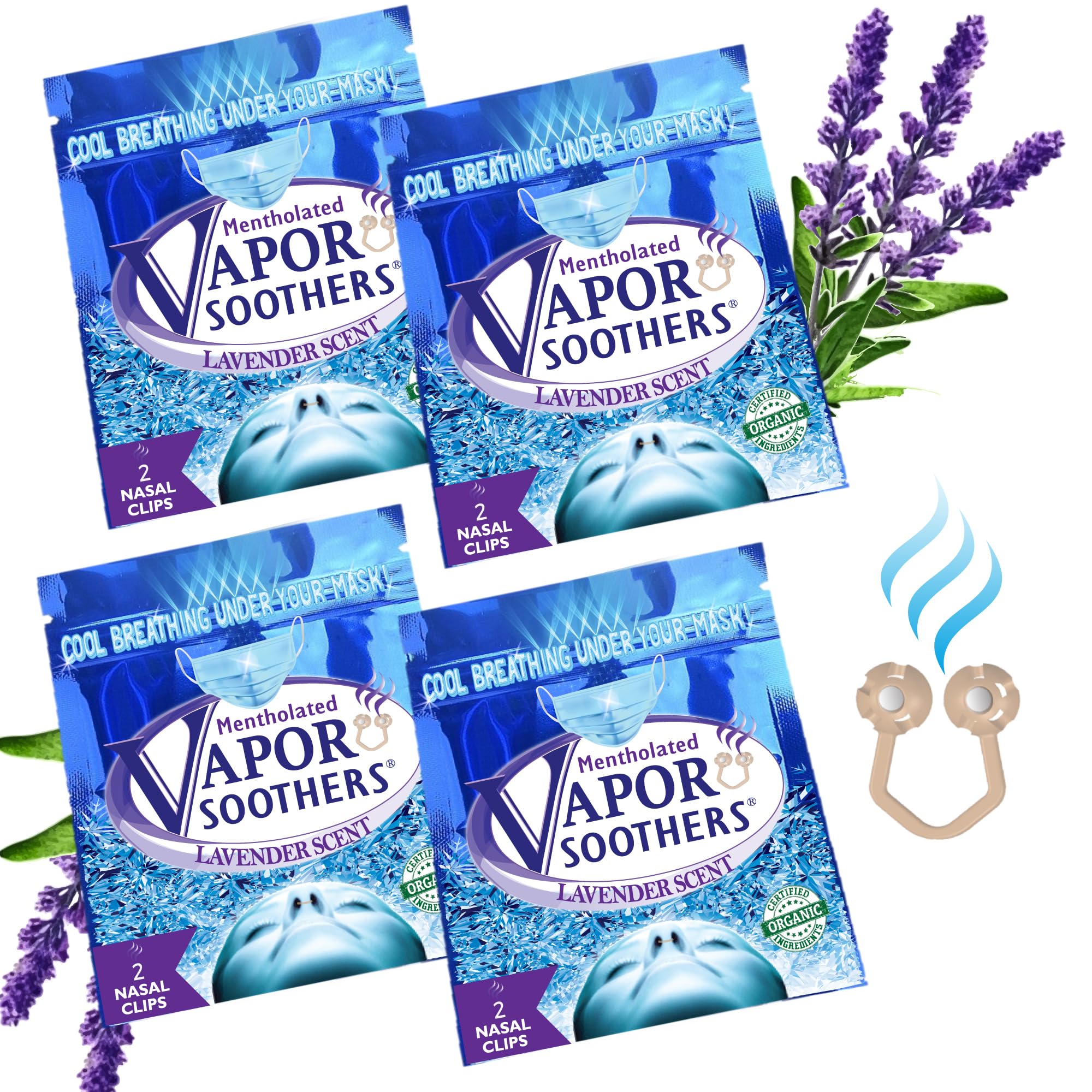 Vapor Soothers empaque frontal mostrando 4 sobres y 8 clips útiles