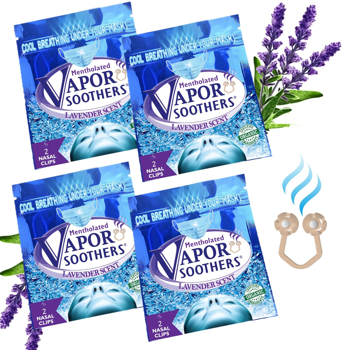 Vapor Soothers empaque frontal mostrando 4 sobres y 8 clips útiles
