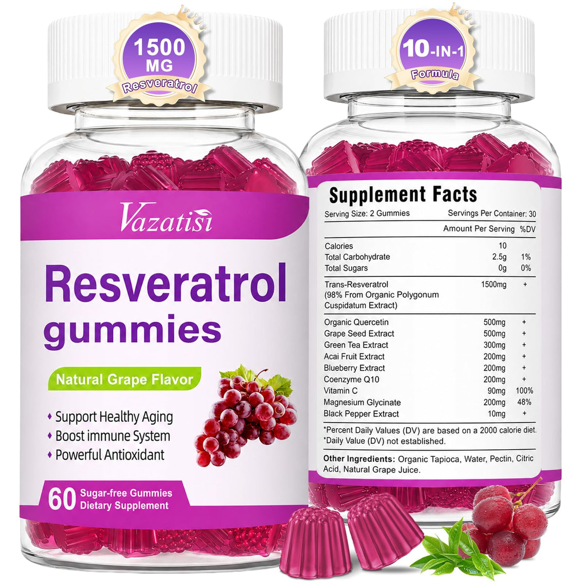 Vazatisi frente del envase mostrando 120 gomitas y beneficios antioxidantes