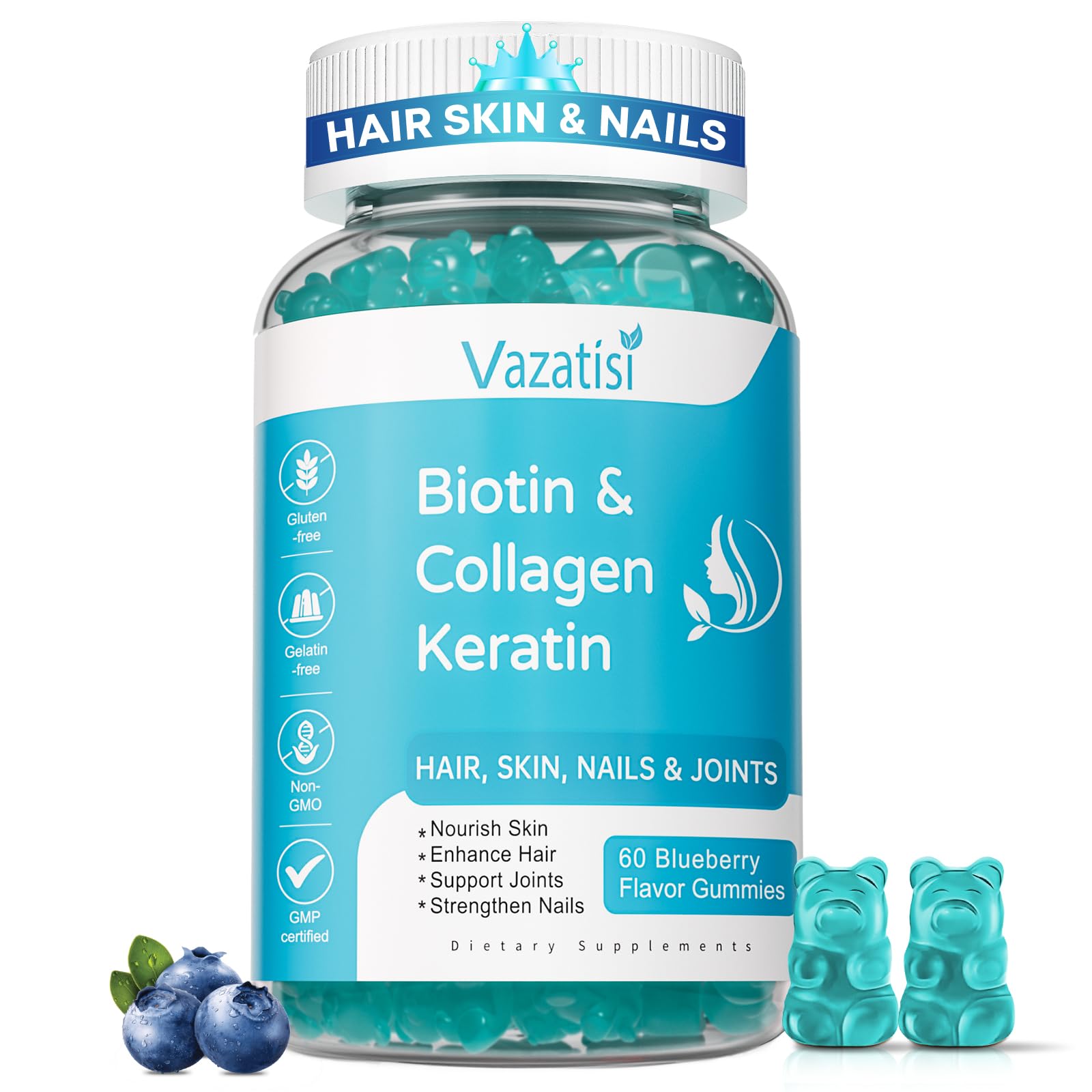 Vazatisi frasco frontal mostrando 60 gominolas y beneficios visibles