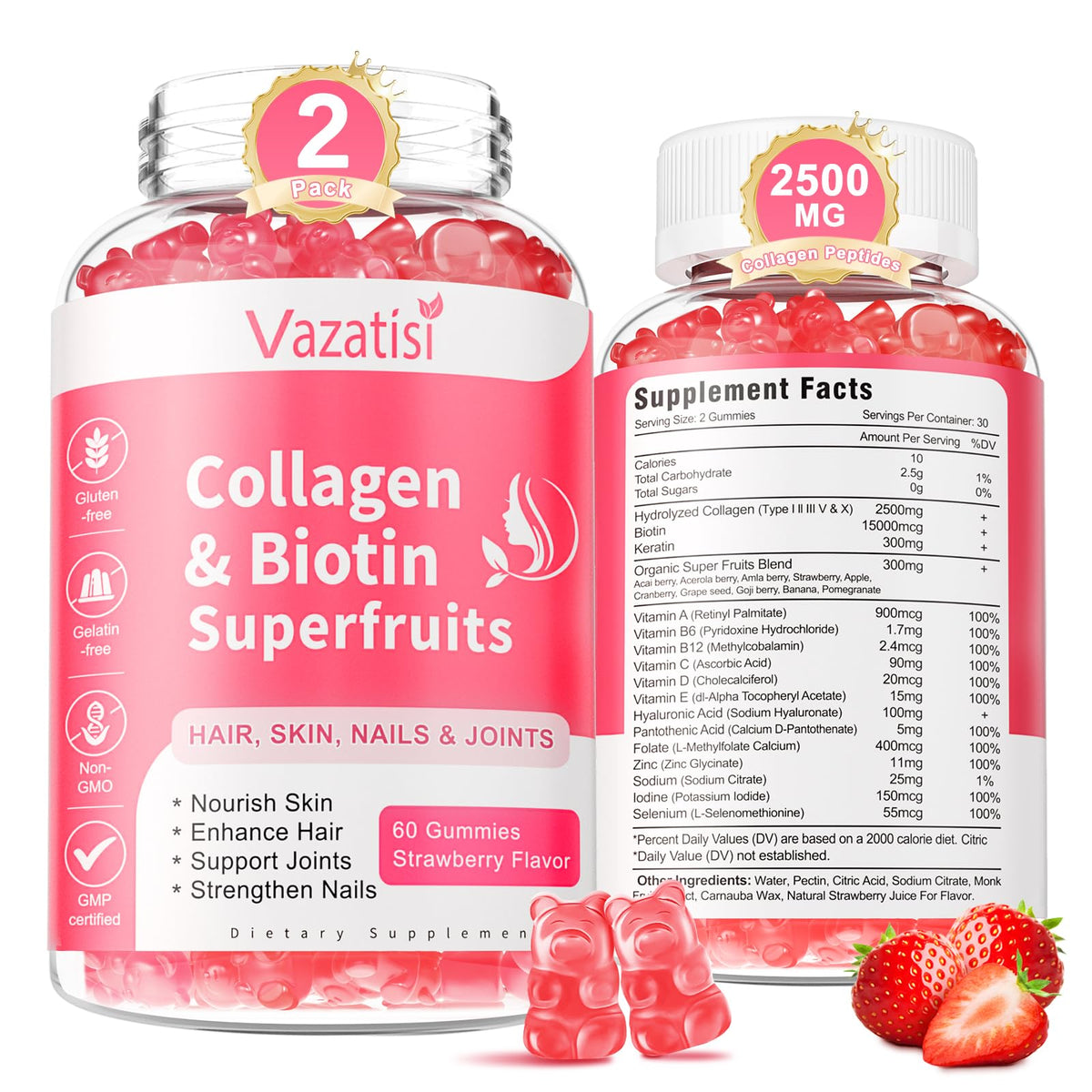 Vazatisi vista frontal del paquete de gomitas con información clara y beneficio diario