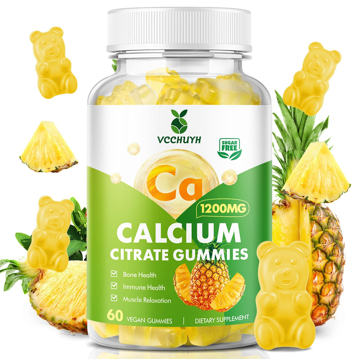 VCCHUYH envase frontal mostrando 60 gomitas y beneficios de calcio