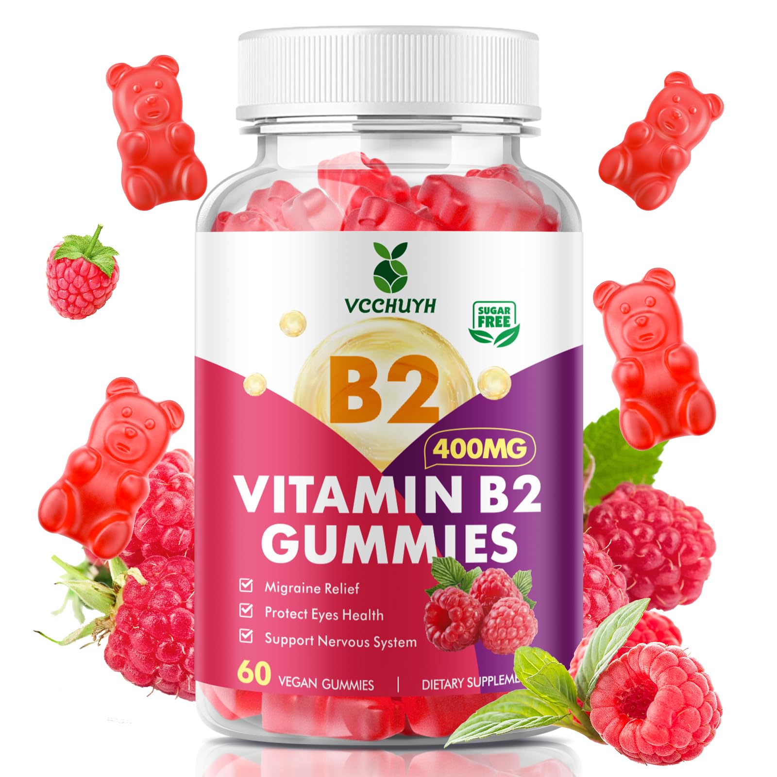 VCCHUYH envase frontal de gominolas veganas mostrando beneficios claros