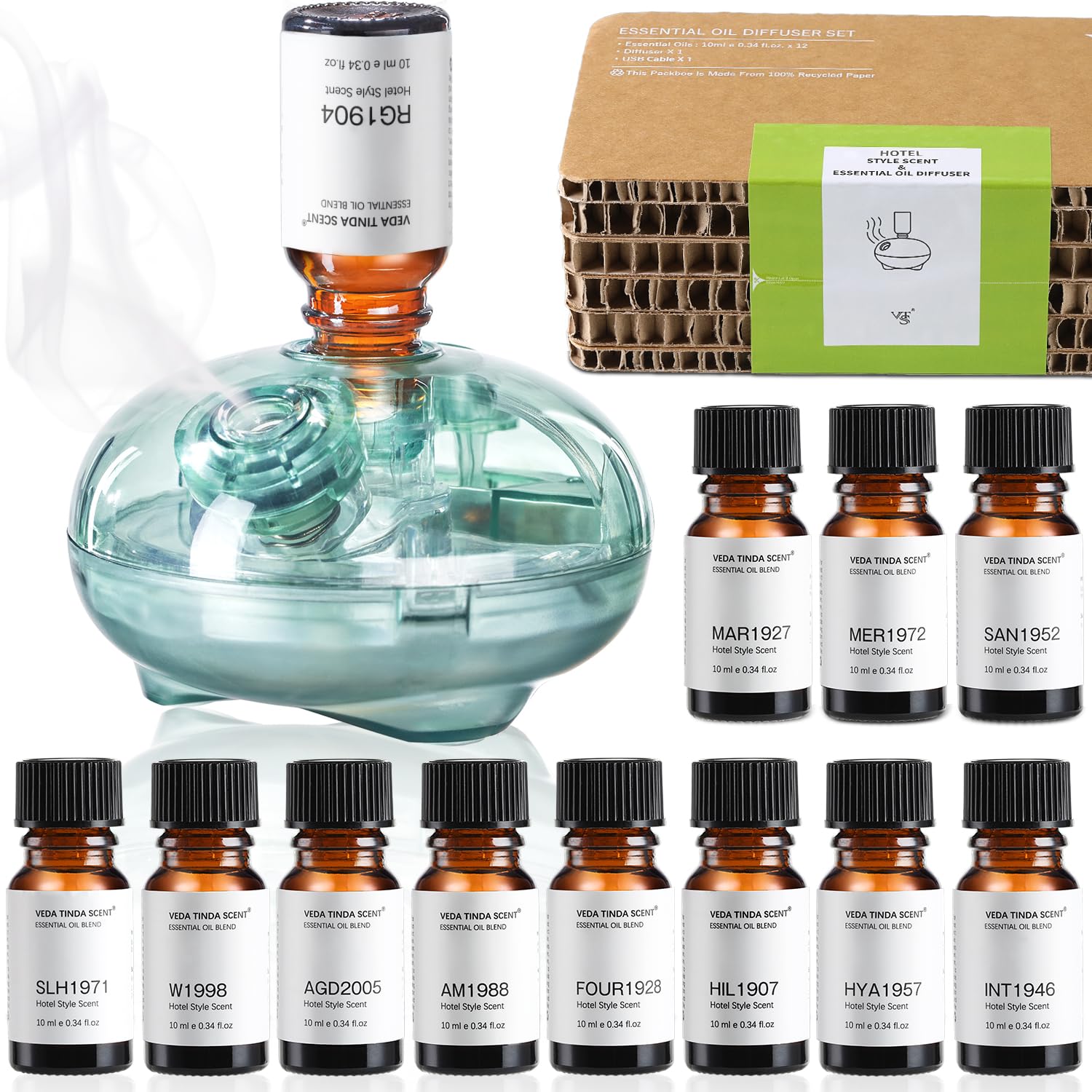 VEDA TINDA SCENT difusor frontal mostrando diseño portátil y elegante