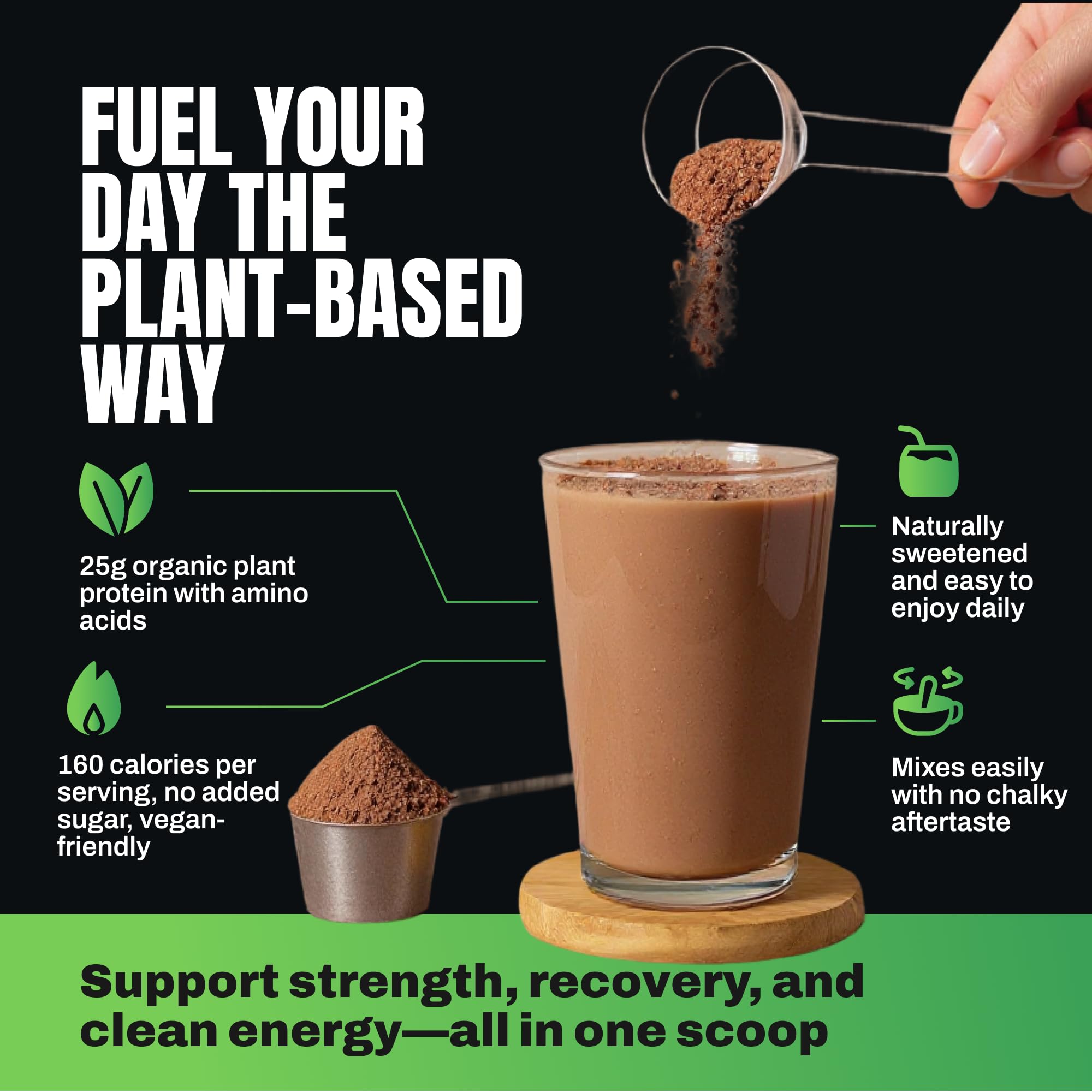VEDGE batido cremoso servido en vaso, proteína vegana lista para consumir