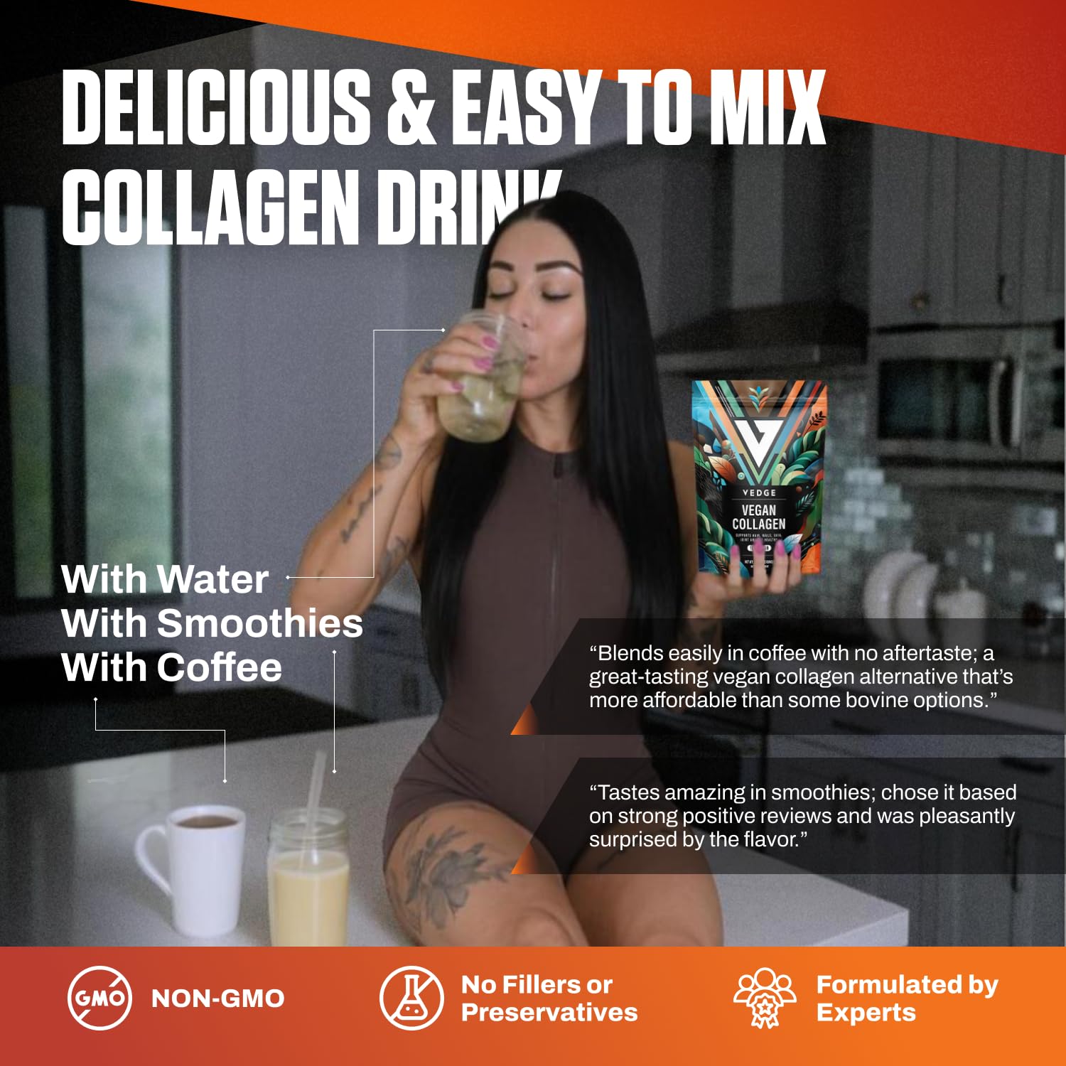 VEDGE colágeno vegano mezclado en smoothie mostrando integración sin sabor