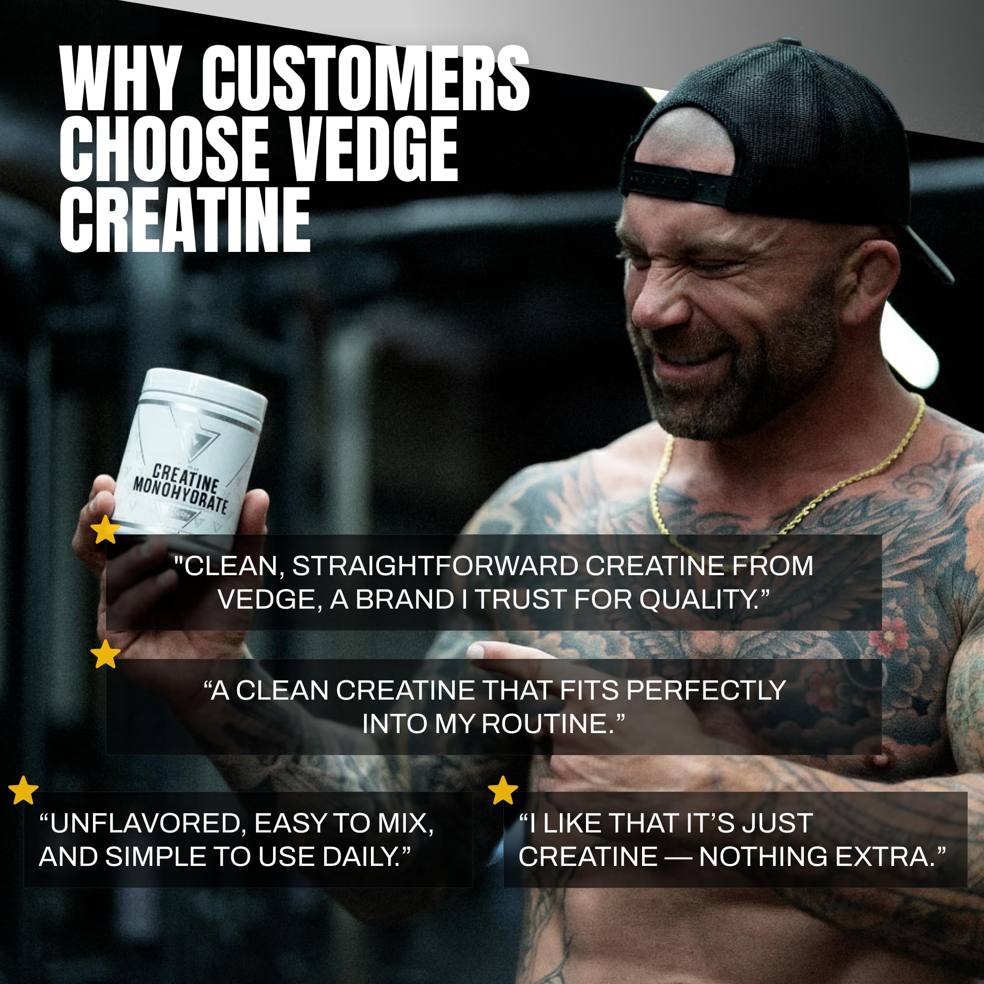 VEDGE creatina envase abierto mostrando polvo fino y consistencia