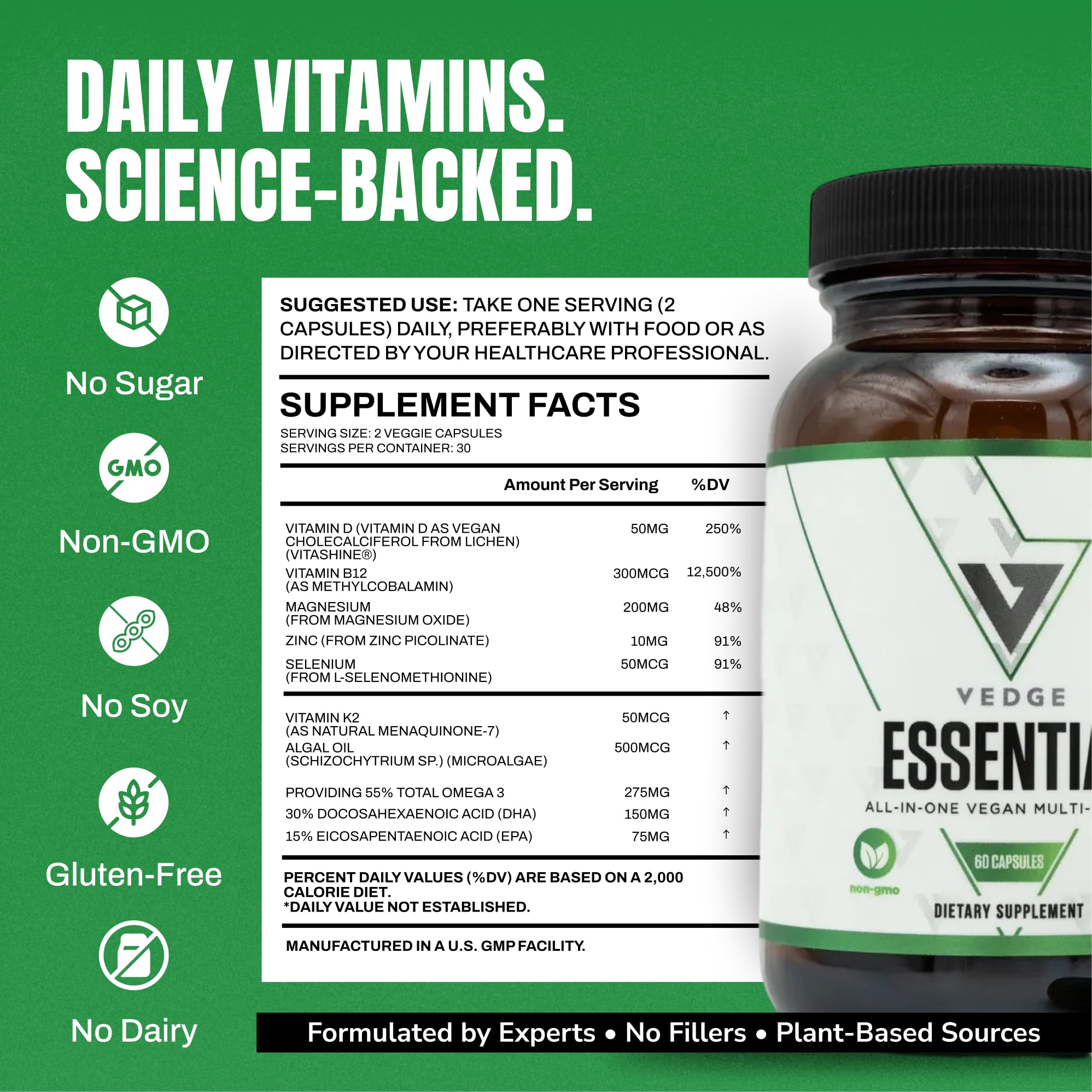 VEDGE etiqueta en primer plano lista de ingredientes y certificación