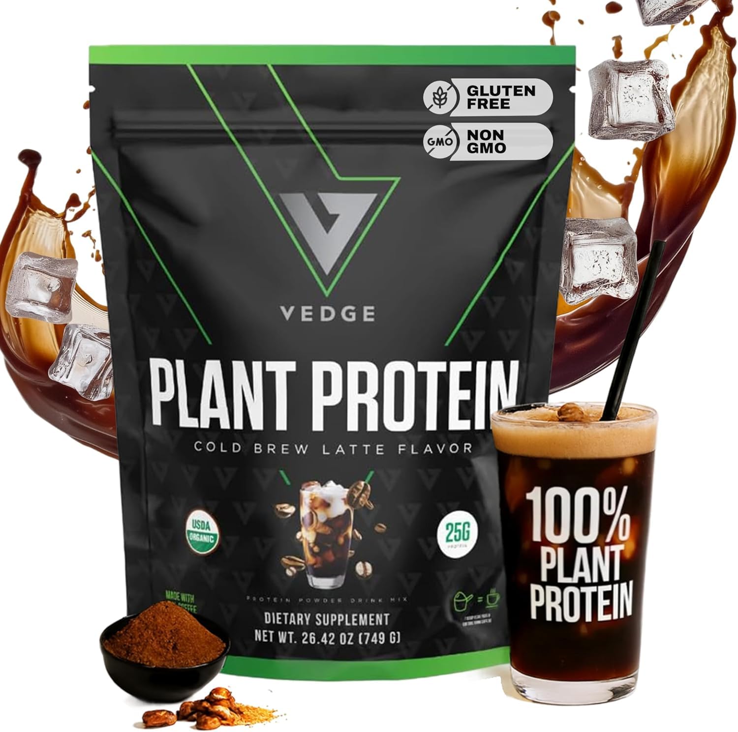 VEDGE envase frontal Cold Brew Latte mostrando la marca y beneficio proteico