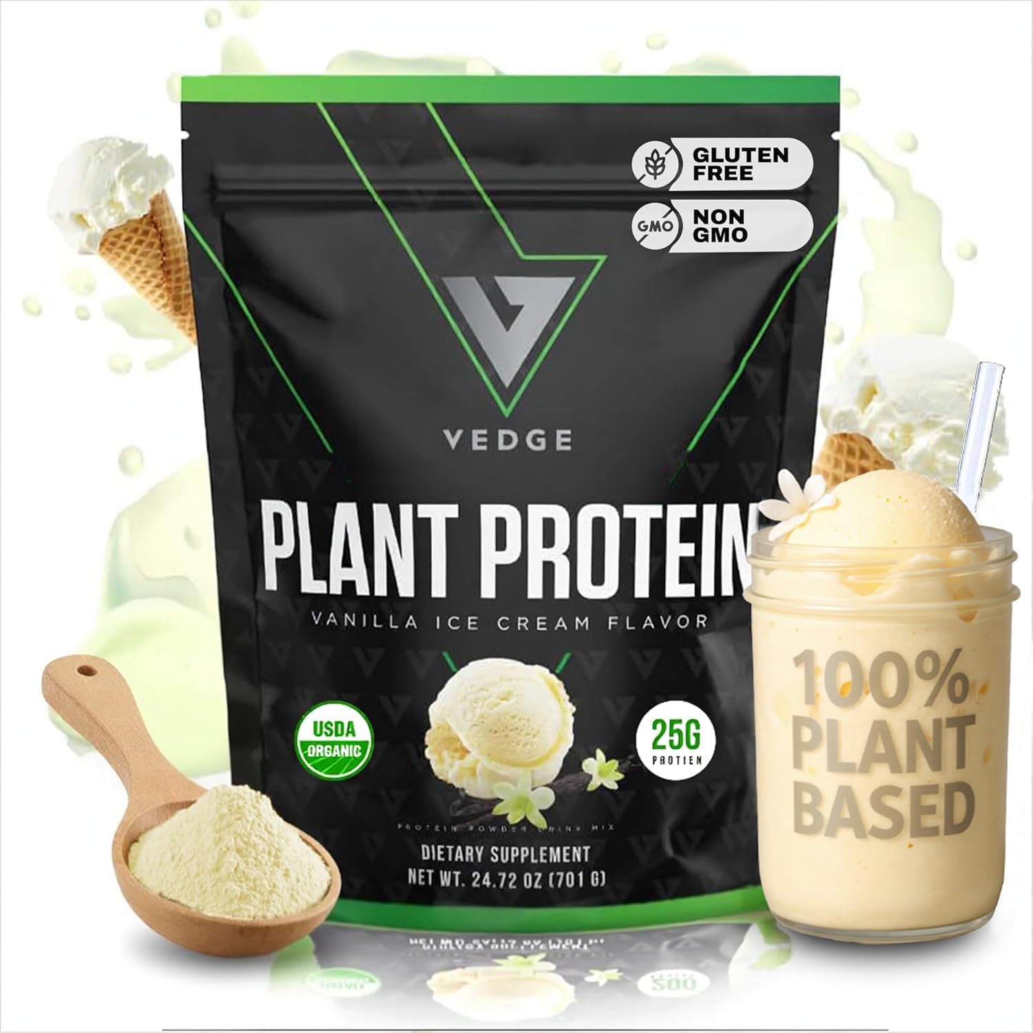 VEDGE envase frontal con vainilla, diseño claro y beneficio de 25 g proteína