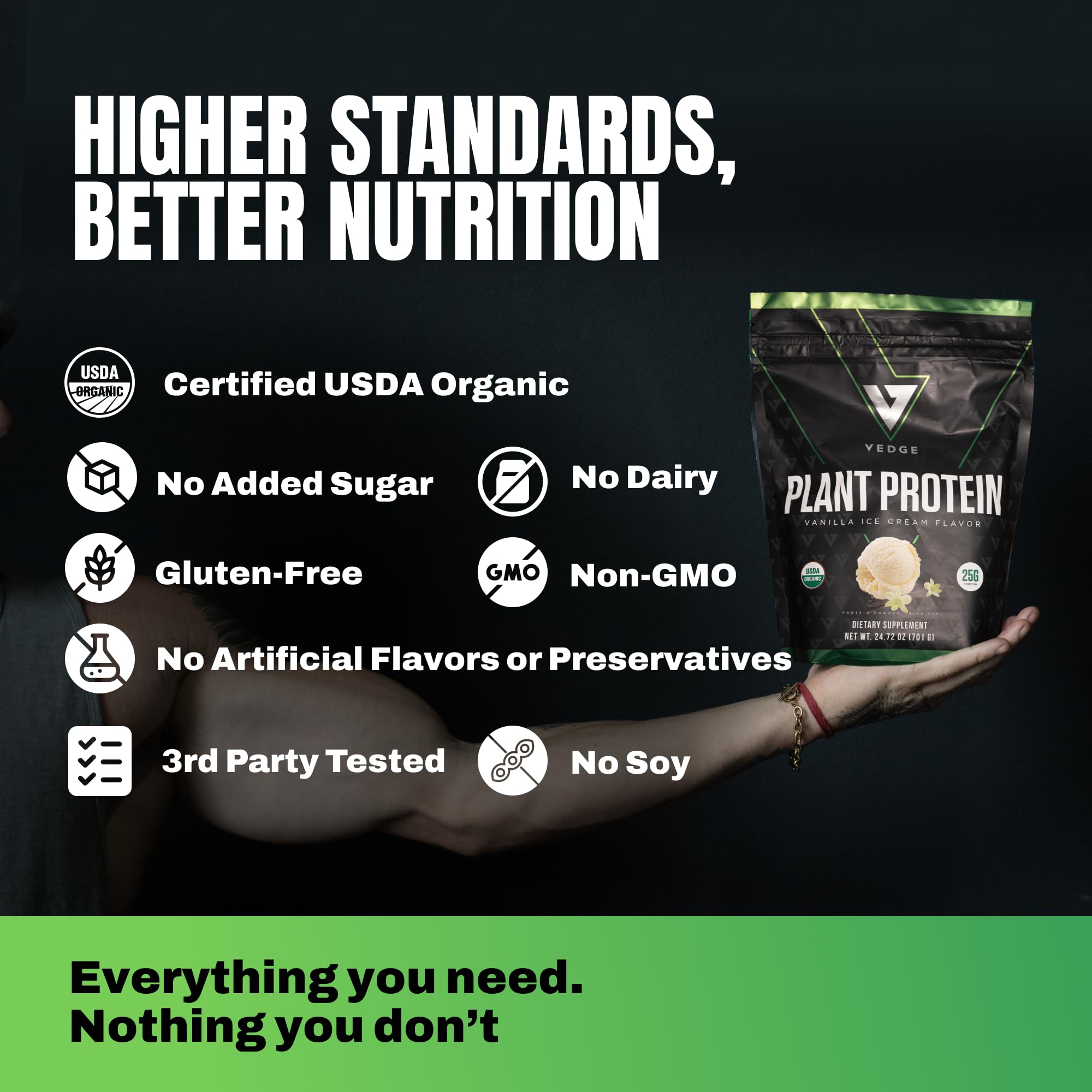 VEDGE etiqueta con ingredientes y sello USDA Organic, transparencia y calidad
