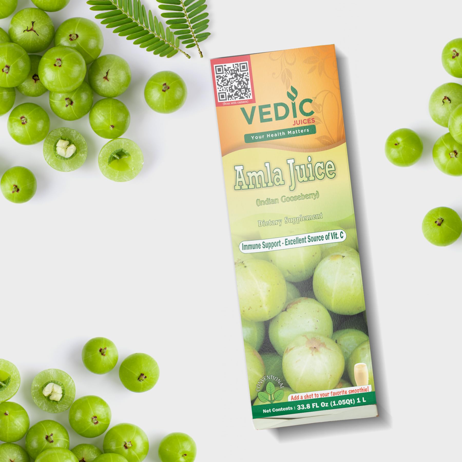 Vedic Juices etiqueta con información del producto y forma de uso