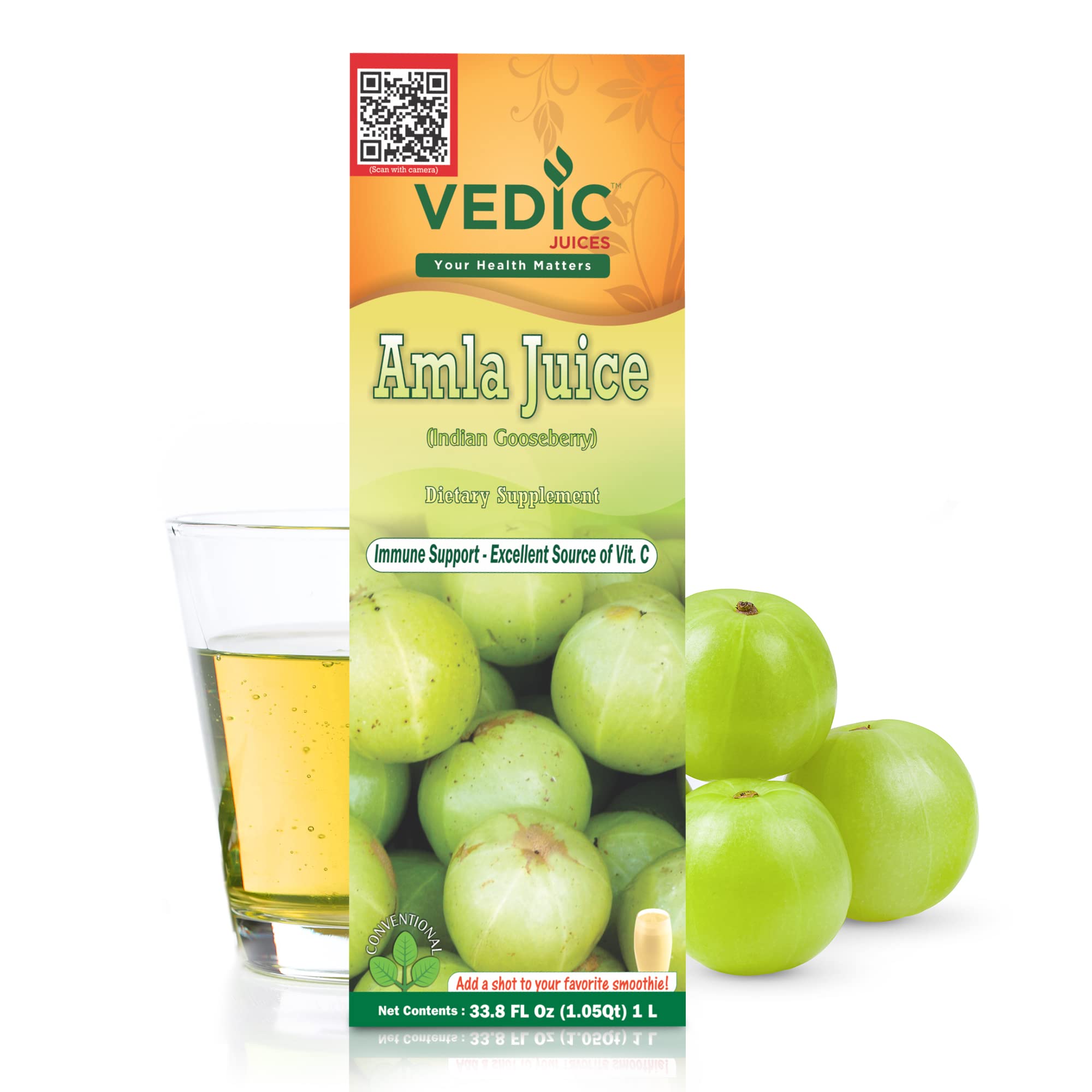 Vedic Juices botella Amla frente mostrando tamaño y etiqueta clara