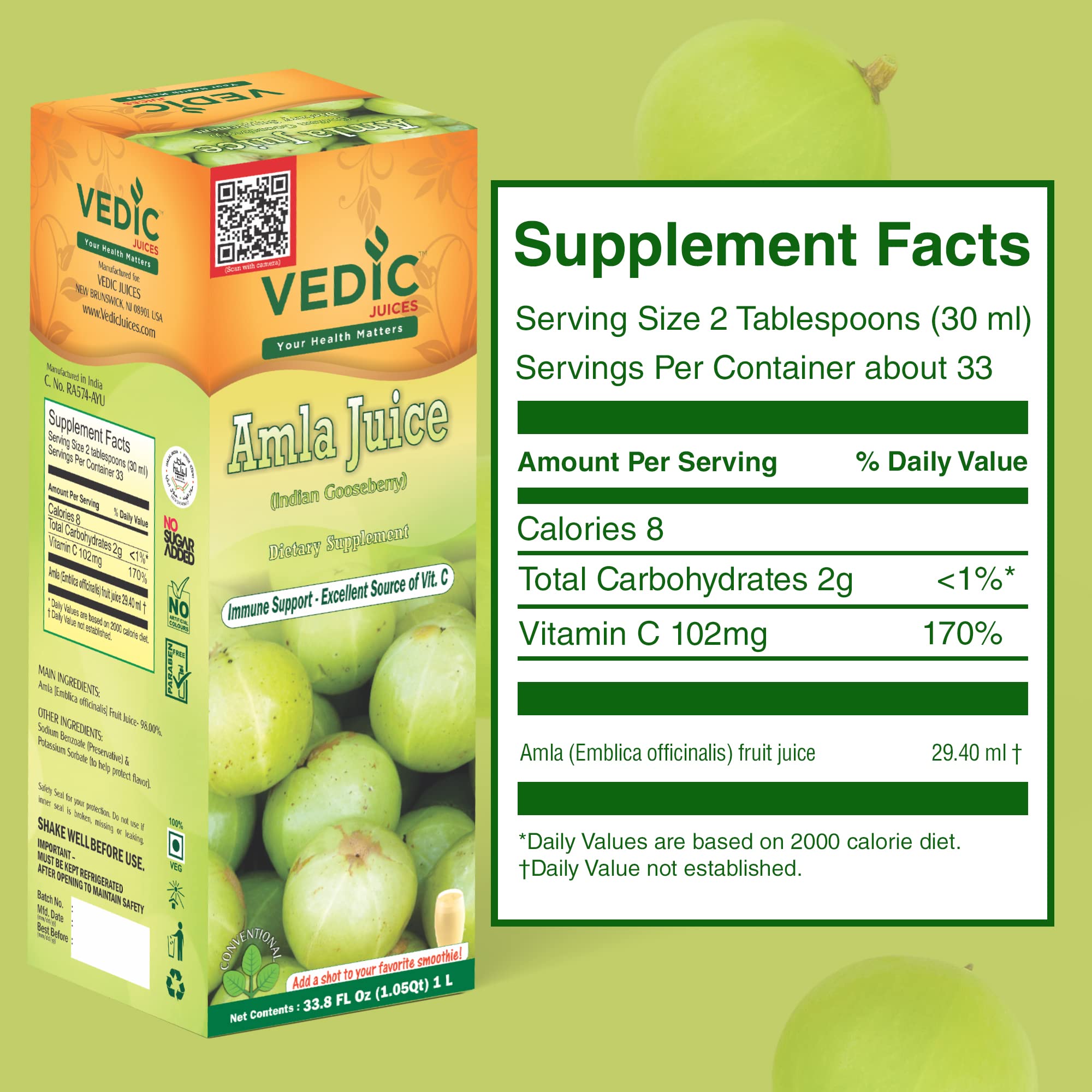 Vedic Juices vaso servido con Amla para una bebida lista y refrescante