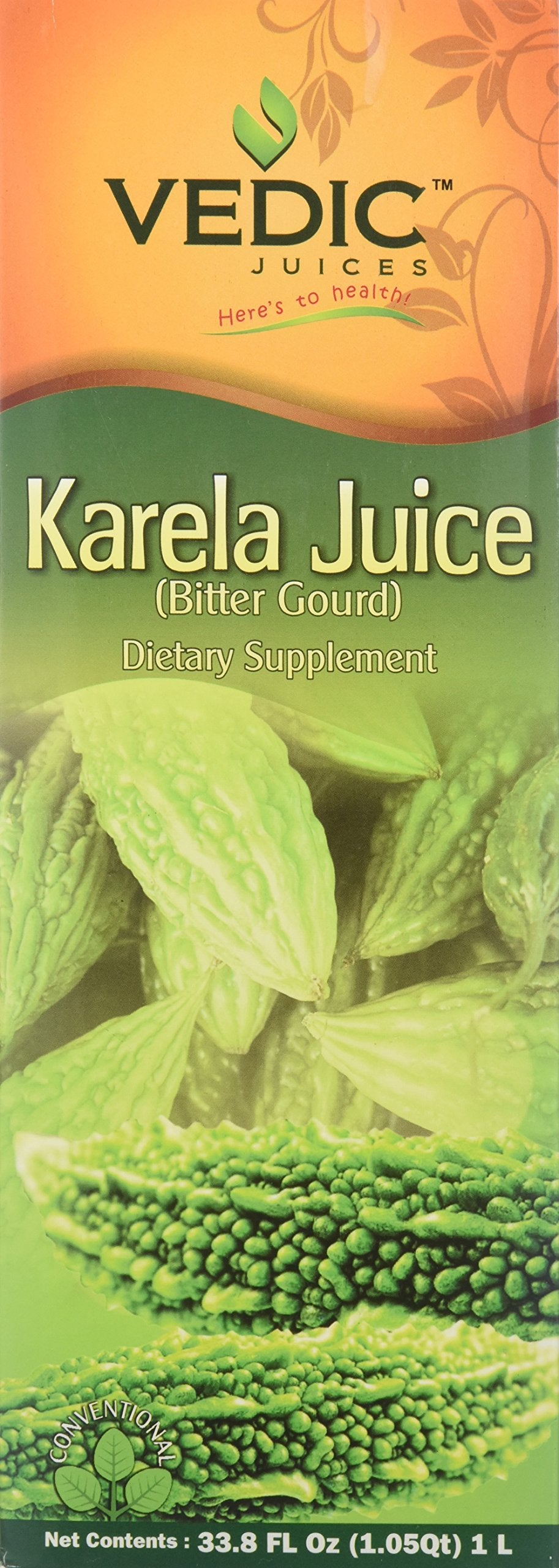 Vedic Juices botella frontal de karela mostrando pureza y tamaño práctico