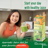 Vedic Juices primer plano de textura del jugo, señalando pureza