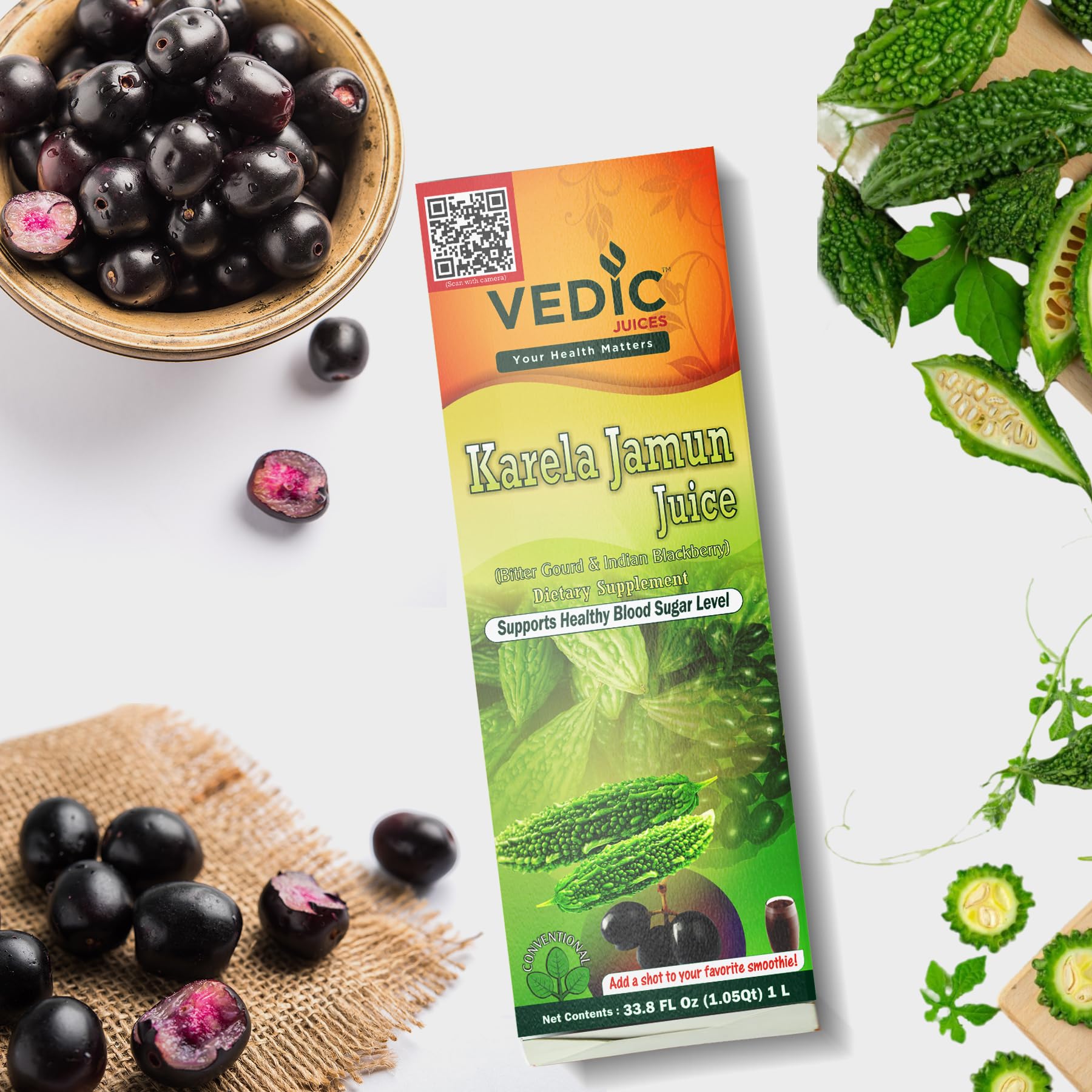 Vedic Juices botella frontal mostrando etiqueta clara y beneficios
