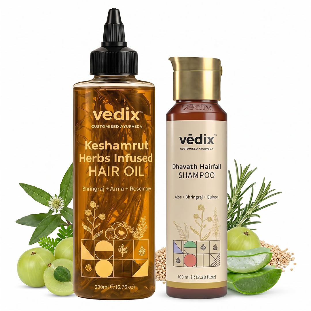 Vedix Keshamrut frasco frontal mostrando el aceite nutritivo para raíces